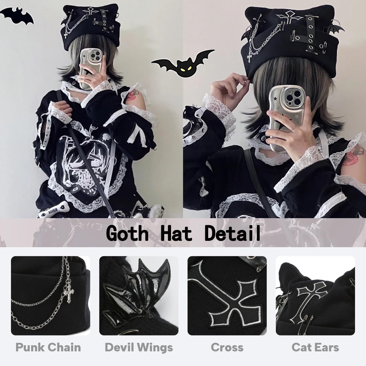 THESSNCE Goth Cat Beanie Goth Hat Accessories Punk Cat Ear Beanie Hat for Women Y2k Grunge Gothic Beanies Knitted Hat Streetwear Black