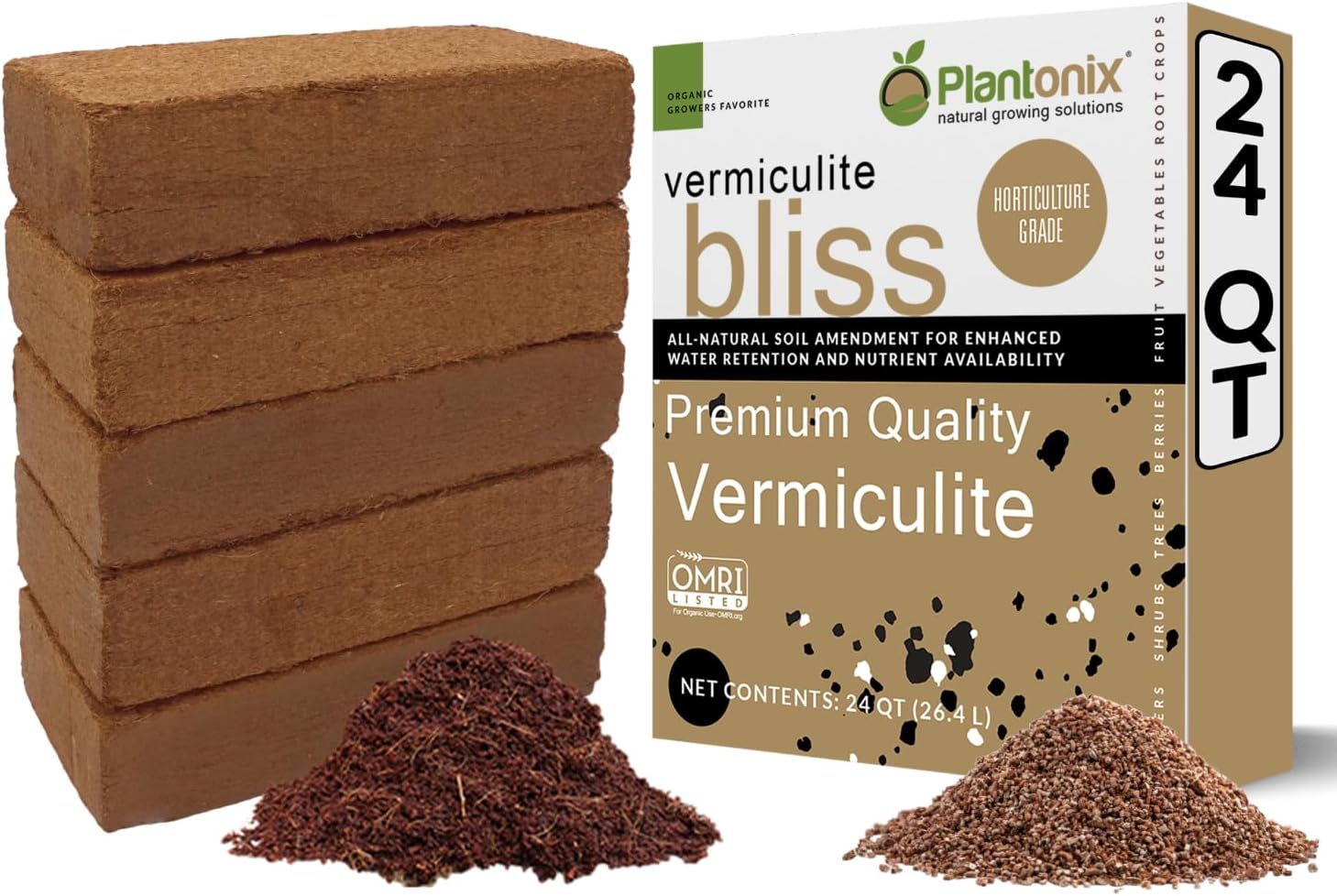 Coco Bliss 650gm Bricks (5-Pack) + Vermiculite Bliss (24 Qts) - Organic Coco Coir & Fine Vermiculite for Plants - Compressed Coco Coir Bricks - OMRI-Listed Coco Coir for Plants, Herbs, & Gardens
