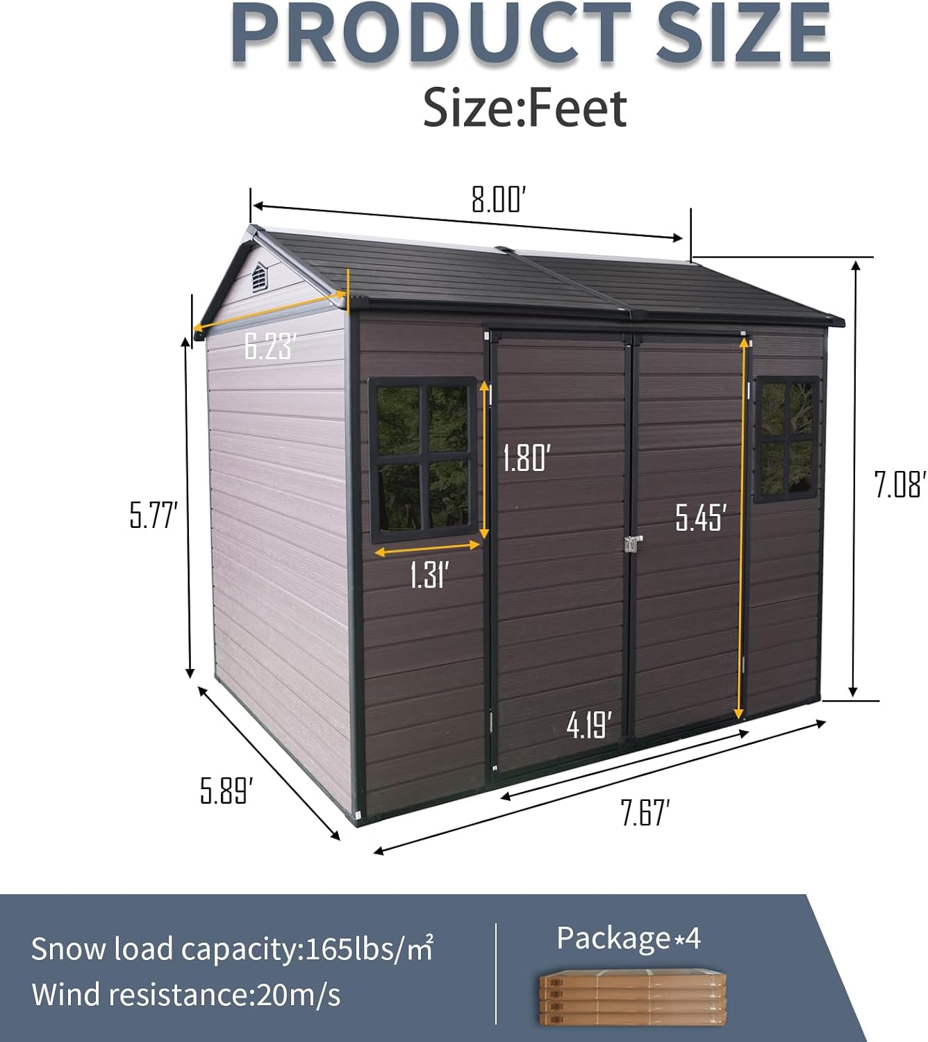 Yozma 8x6 Ft Resin Outdoor Storage Shed with Floor, Two Windows, Lockable Door, Durable Weather-Resistant Design for Garden Tools, Bikes, and Equipment ?Brown