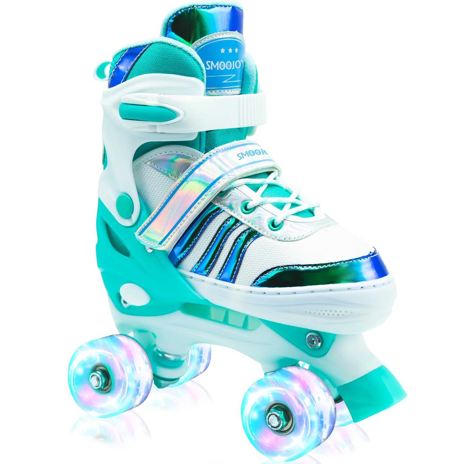 SMOOJOY Roller Skates for Girls Kids Boys,4 Size Adjustable Indoor Outdoor Green Quad Rollerskates with Light up Wheels for Beginners Ages 6-12