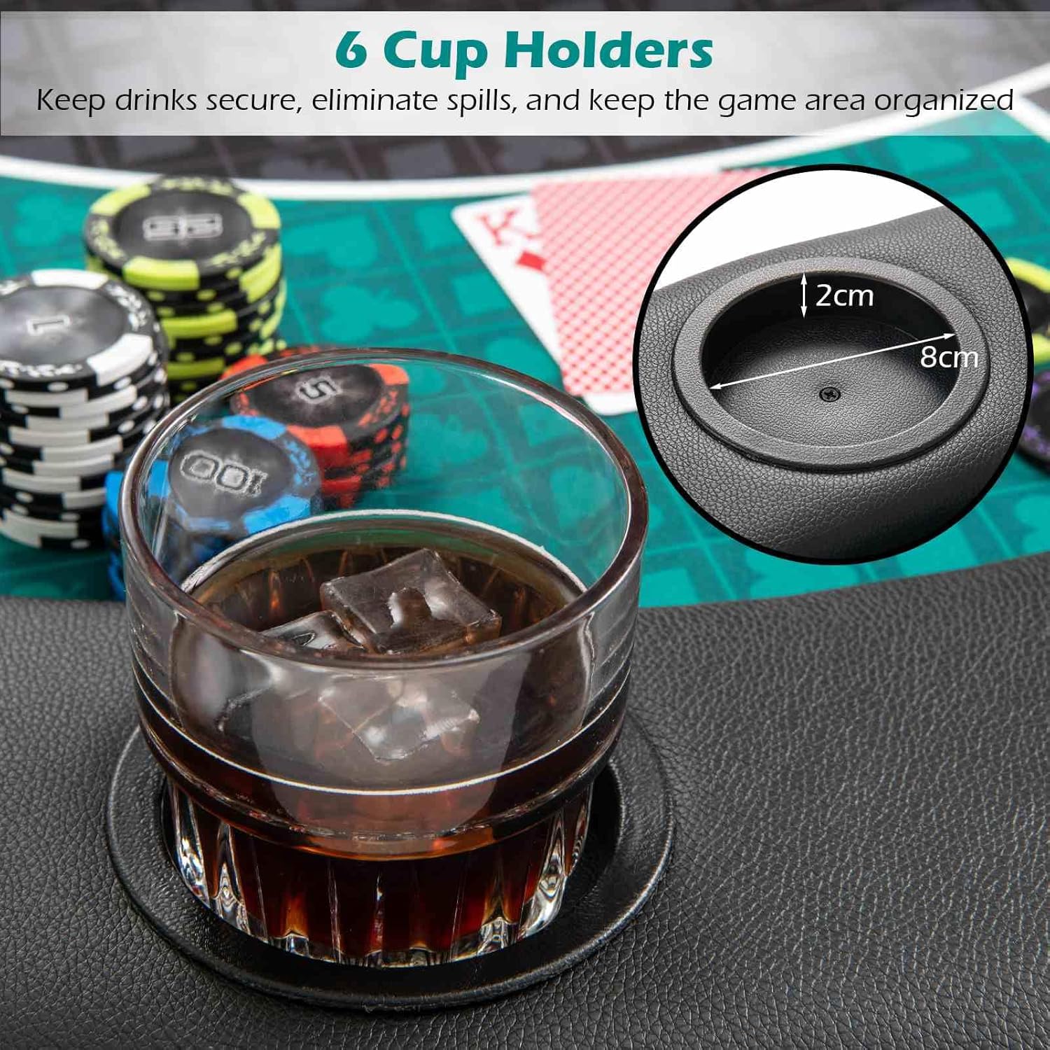 Costway 1.2M 6-Player Foldable Poker Table Top, Portable Round Blackjack Board Game Mat w/Carrying Bag, Cup Holders, Padded Rails, Texas Hold’em Poker Card Tabletop Layout for Family Game Casino