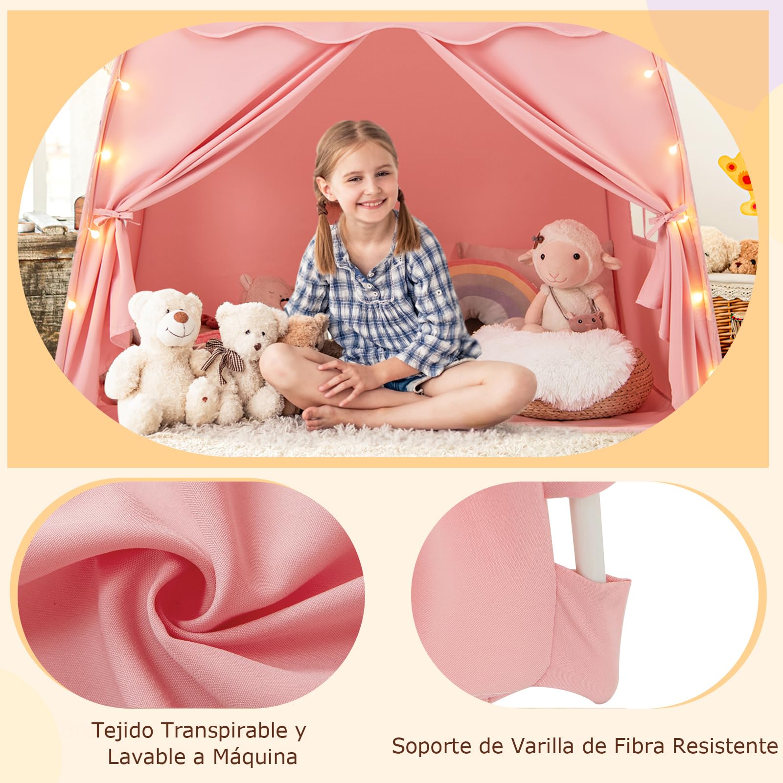 GOPLUS Tienda Grande para Niños, Casa de Juego en Forma de Cúpula con Luces Brillantes, Banderines, 2 Puertas 2 Ventanas, Tienda Tipi Lavable a Máquina para Niños de 3+ Años (Rosa)