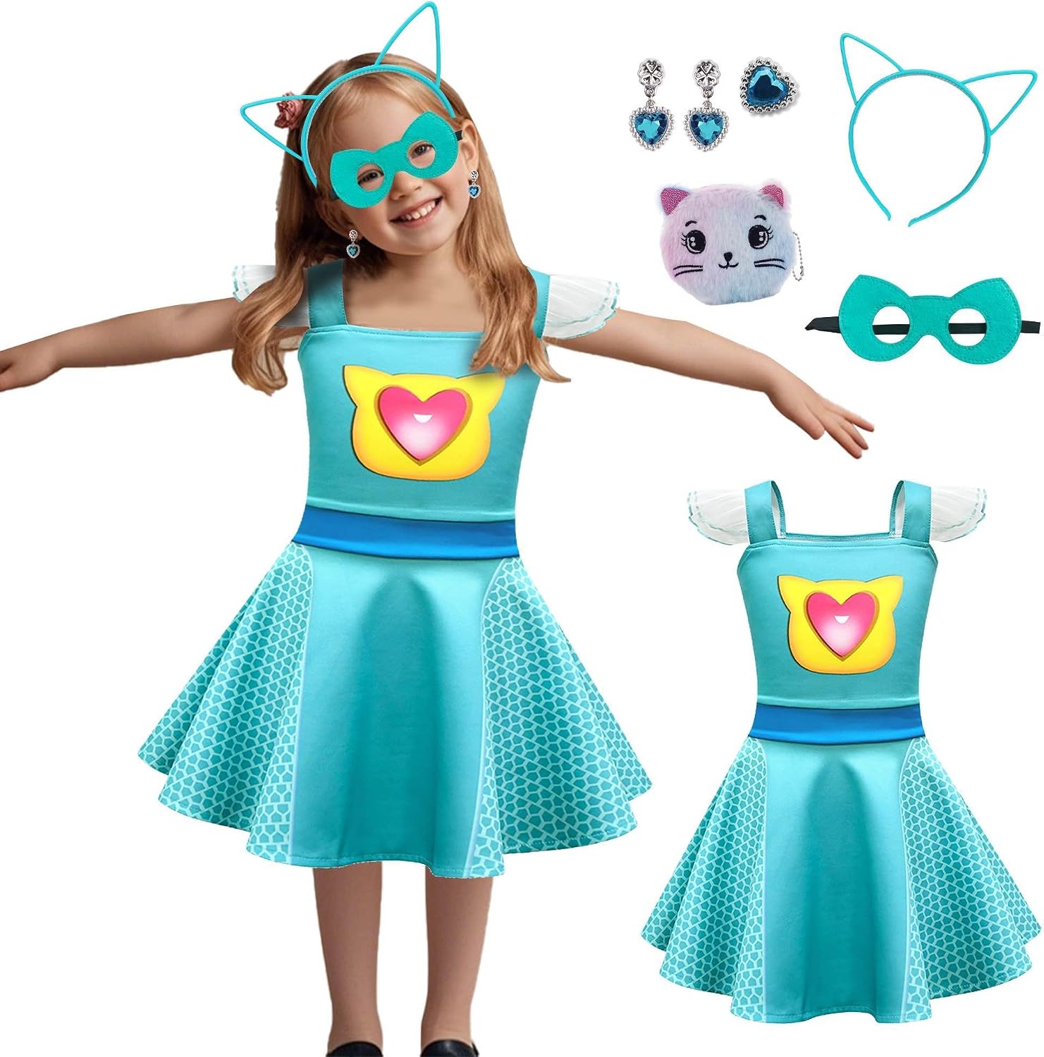 Cat Theme Lace Sleeves Dress Set with Headband, Mask, Earrings,Ring & Wallet - Cartoon Costume for Parties & Daily Wear