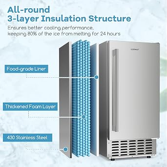 COSTWAY 15 Under Counter Nugget Ice Maker, 80Lbs/24H, 18Lbs Storage Bin, Built-in Freestanding Commercial Ice Machine with Self-Cleaning, Reversible Door, 24H Timer for Restaurant Bar Cafe