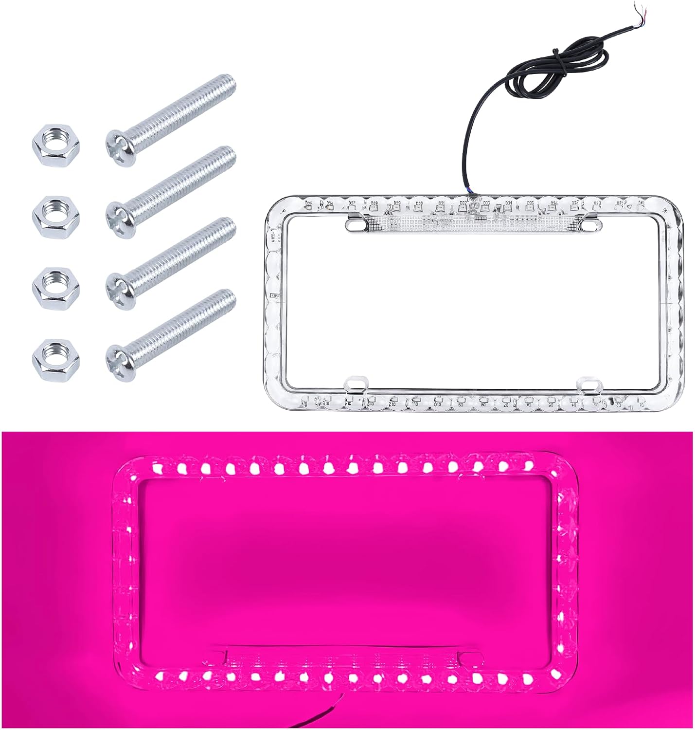 12V 48 LED Color Light License Plate Frame, Acrylic Plastic Car License Plate Cover with Bright Warning Lights, Decorative Waterproof Tag Frame for Most Vehicles, Car Accessories (Pink)