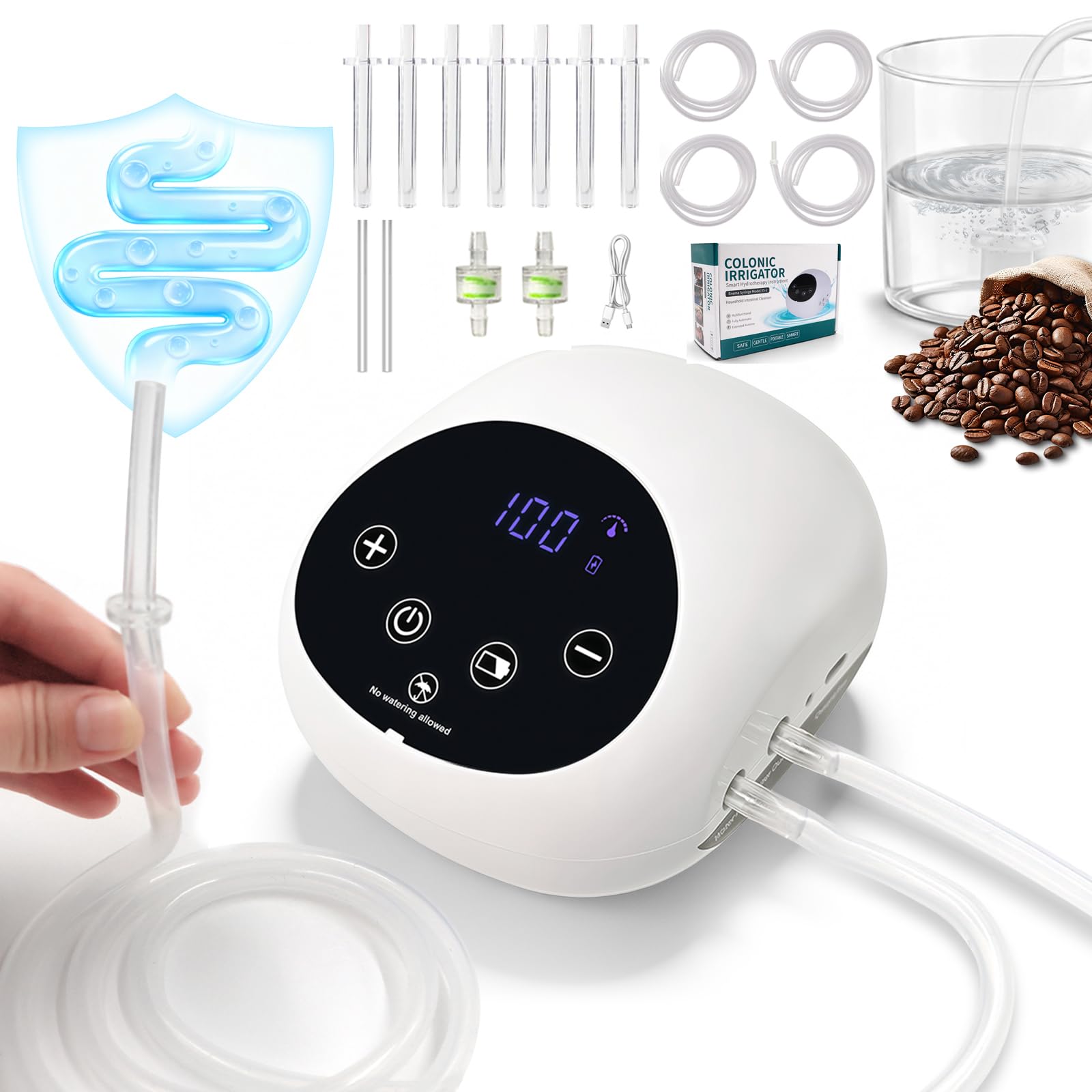 Kit Enema Elettrico, Enema per Pulizia del Colon Uomini e Donne, Kit Enema al Caffè Organico, 100 Livelli Regolazione Velocità Flusso Acqua con Display LCD, Doccia Anale a Pressione