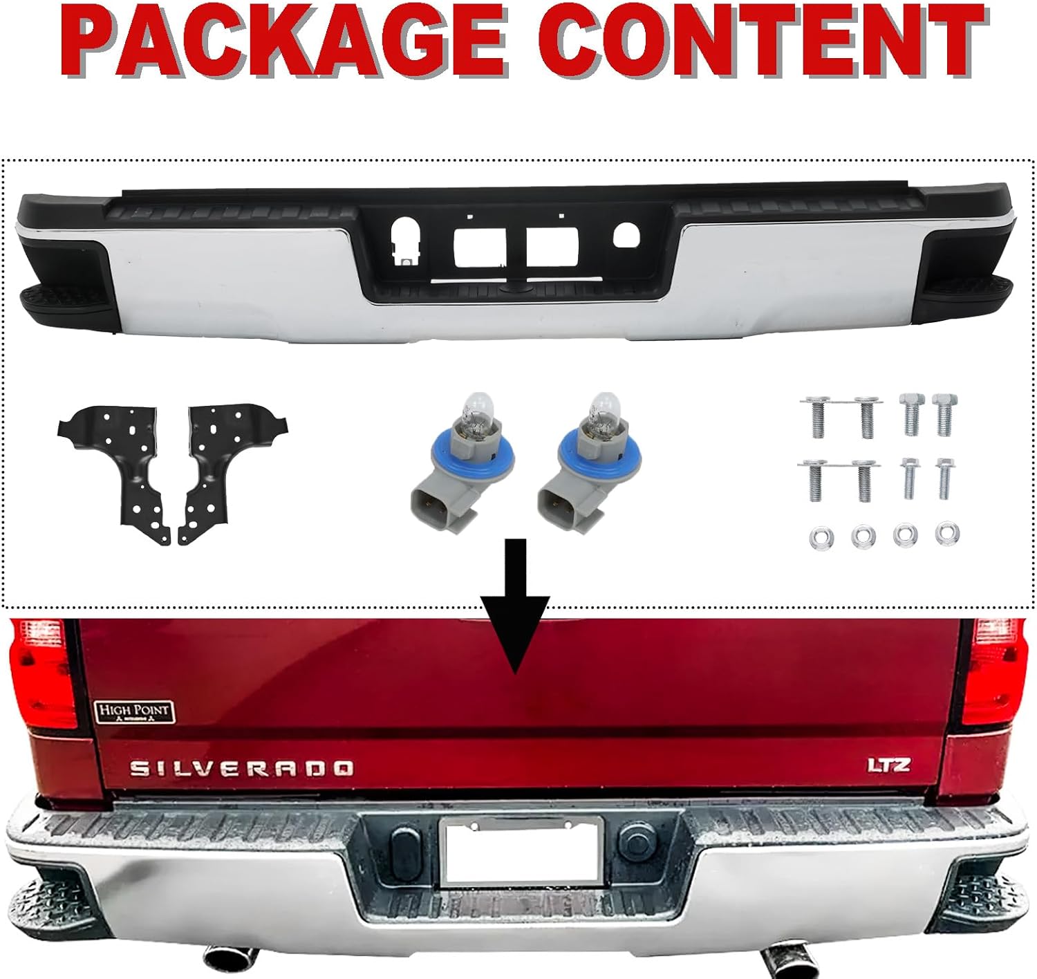 Rear Steel Step Bumper Assembly for 2014-2018 Chevy Silverado 1500 & GMC Sierra 1500 without Park Sensor Holes Chrome Back Bumper Replacement for GM1103176,with Pads Brackets and License Plate Lights