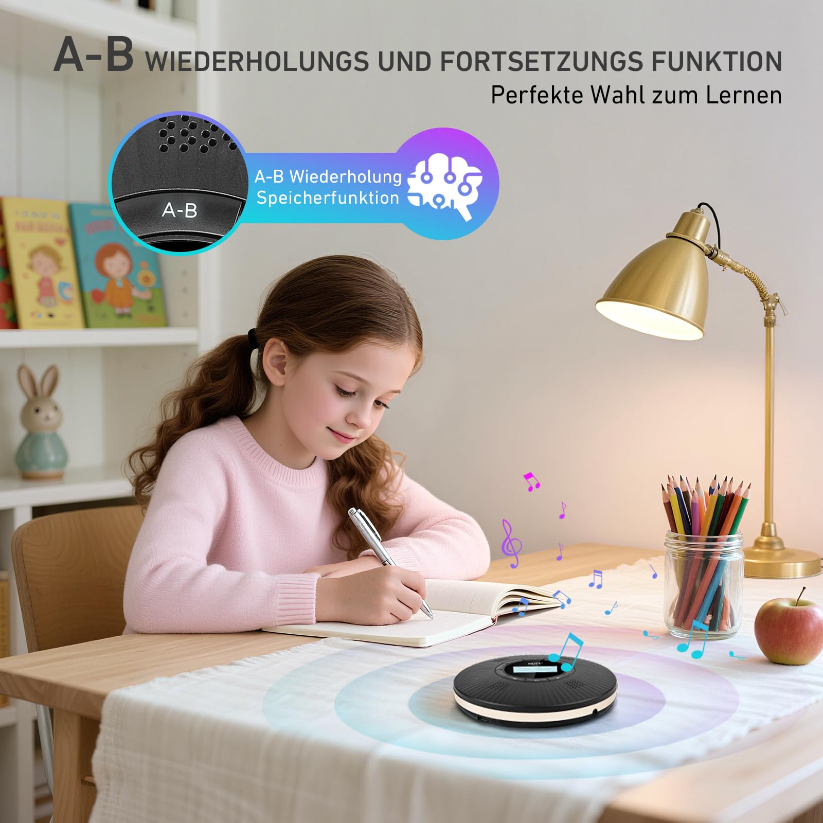 HOTT Tragbarer Bluetooth CD Player mit 4 Lautsprechern, FM-Transmitter & Anti-Skip, 1800mAh Akku mit Kopfhörern für Auto & Zuhause，Schwarz