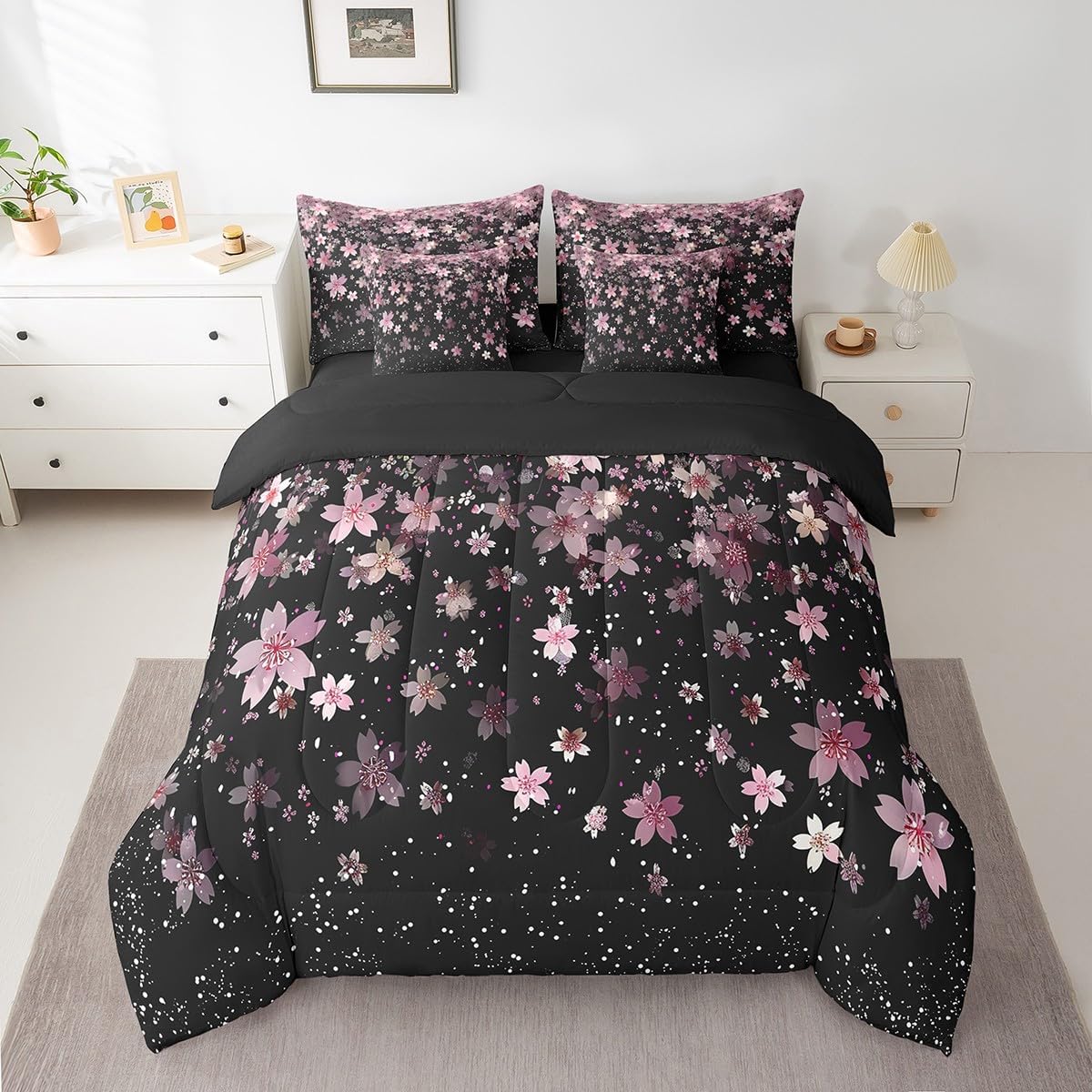 Feelyou Ombre Effects Comforter Set Full Size 7 Pieces Damask Pattern Bedding Set Rose Black Ombre Modern Bed in a Bag with Comforter, Sheets, Pillowcases & Cushion Cover Abstract Art Design Bed Set