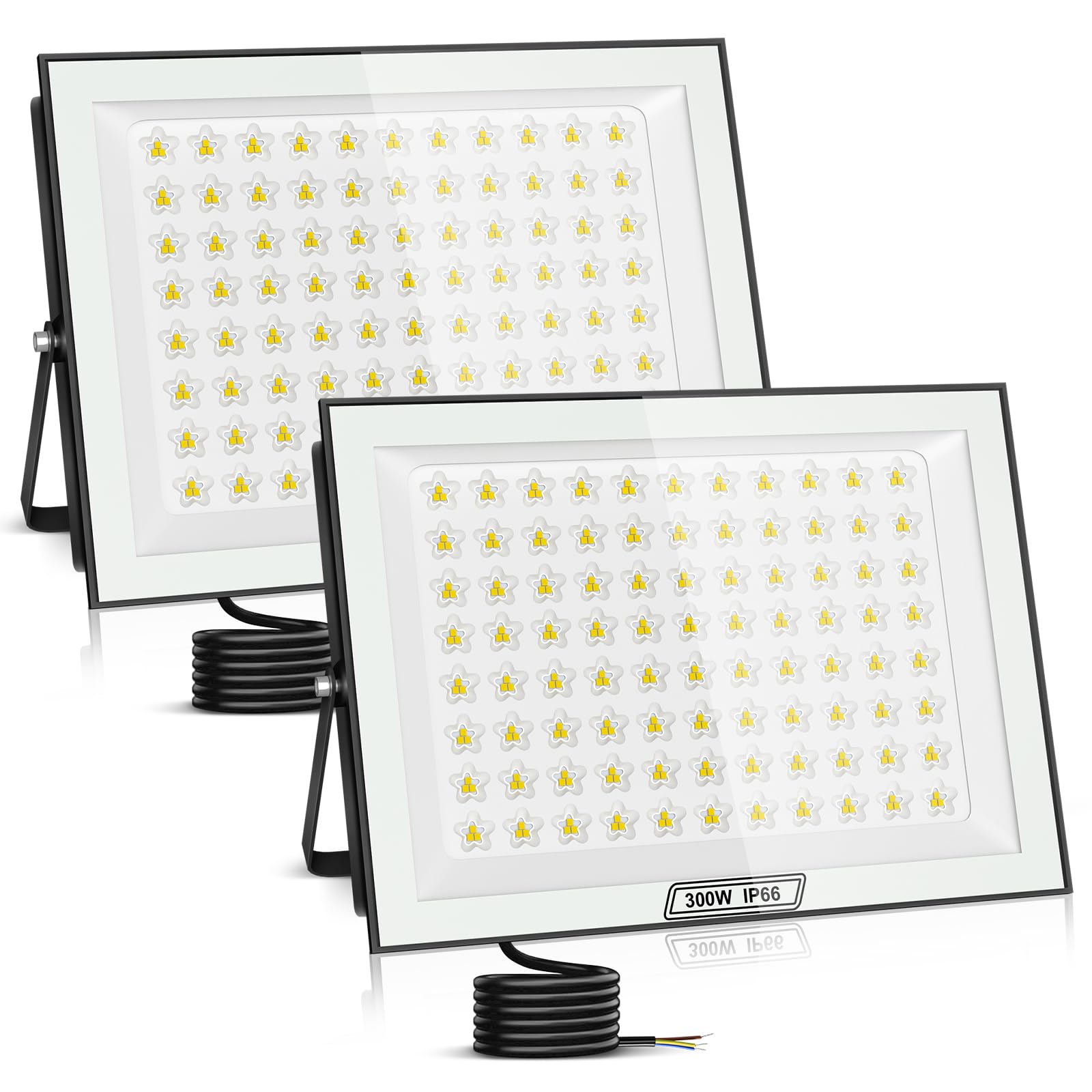 papasbox 2 x reflektor zewnętrzny LED 300 W, zimna biel 6500 K, 30000 lm, wodoszczelność IP66, do użytku na zewnątrz, w ogrodzie, garażu lub na podwórku