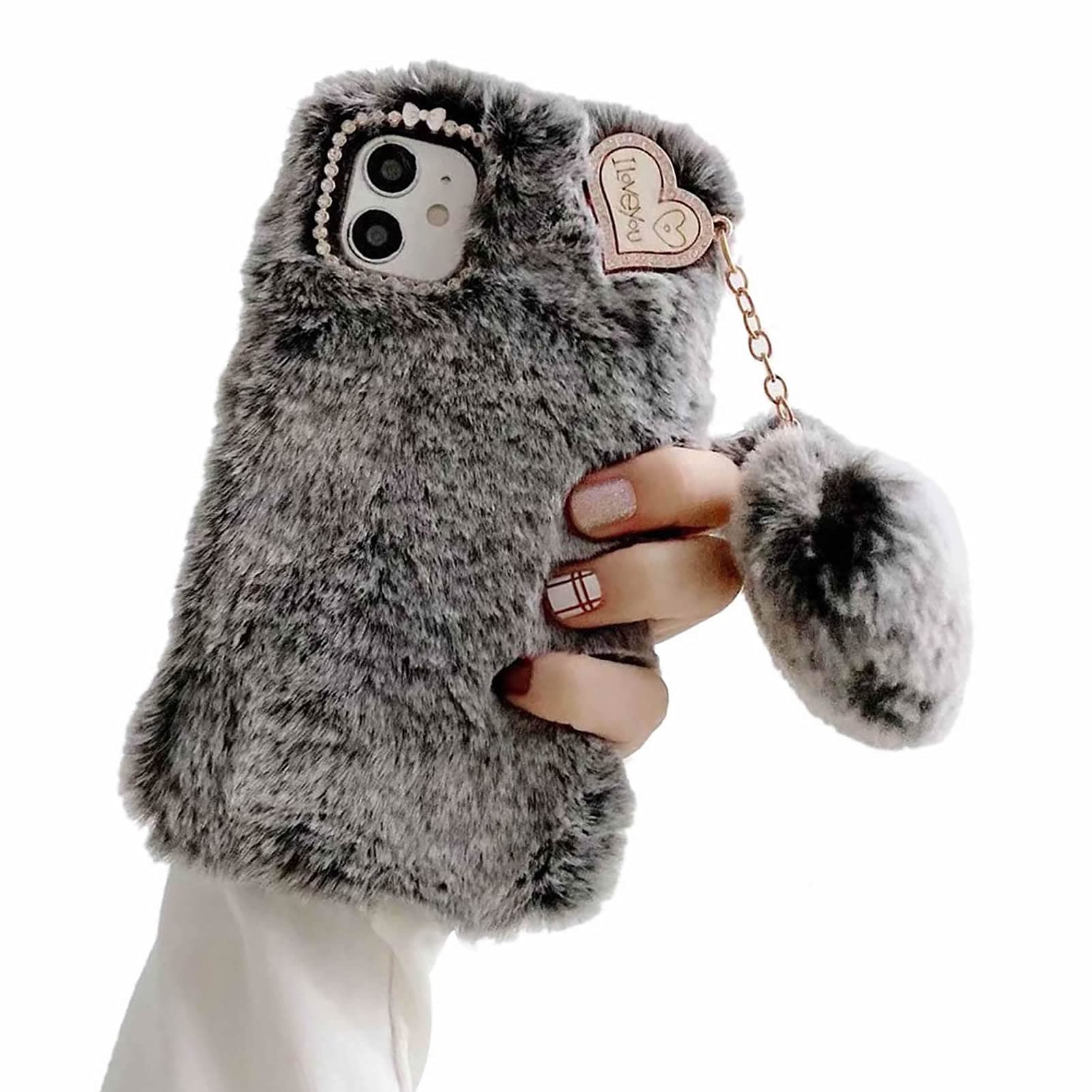 Nadoli for Xiaomi Redmi Note 11 Plush Furry Case,Cute Winter Warm Handmade Super Soft Fluffy Furry Fur Shockproof Silicone Back Case Cover with Love Heart Shape Pendant