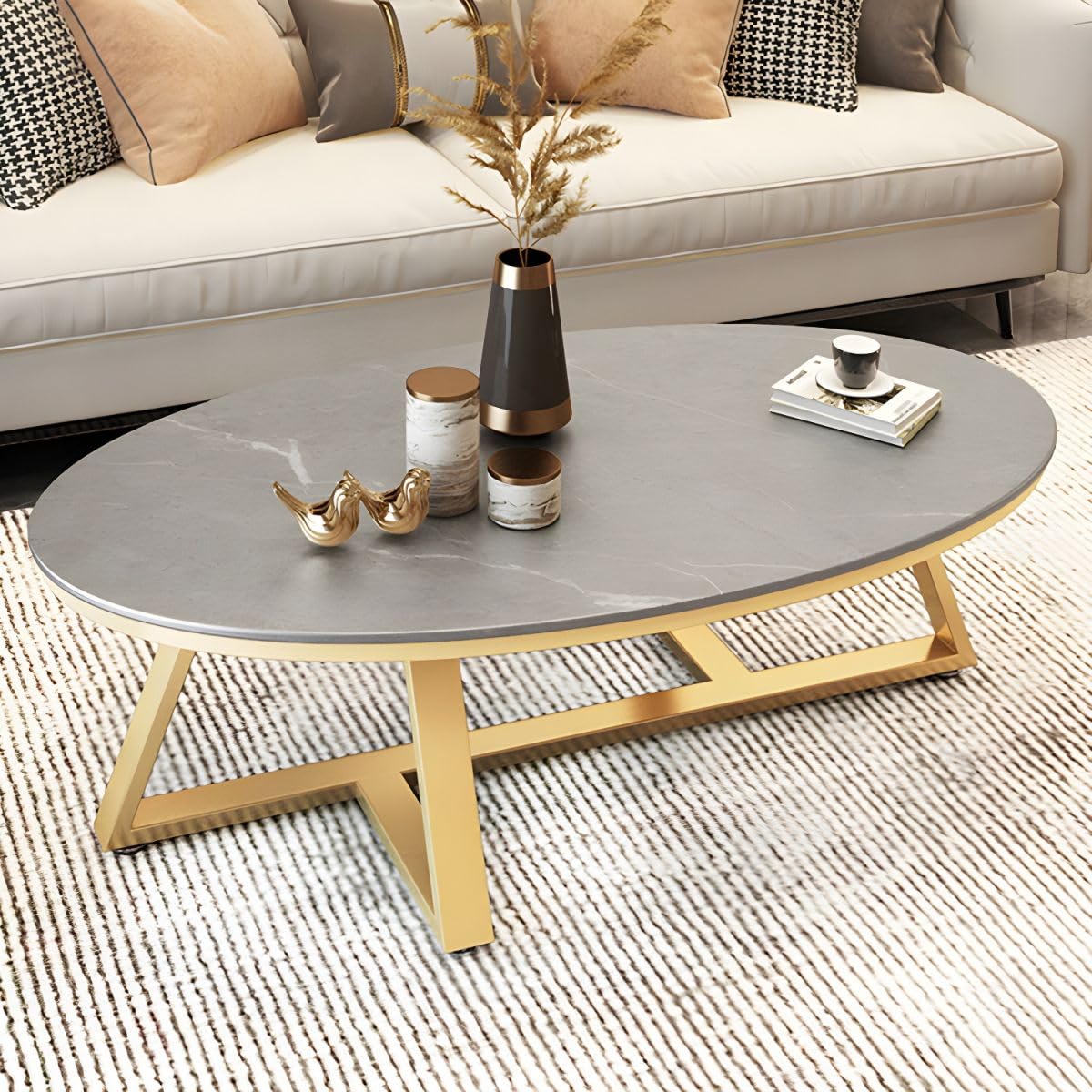 Table basse ovale en ardoise抗污耐磨 plateau gris base dorée salon