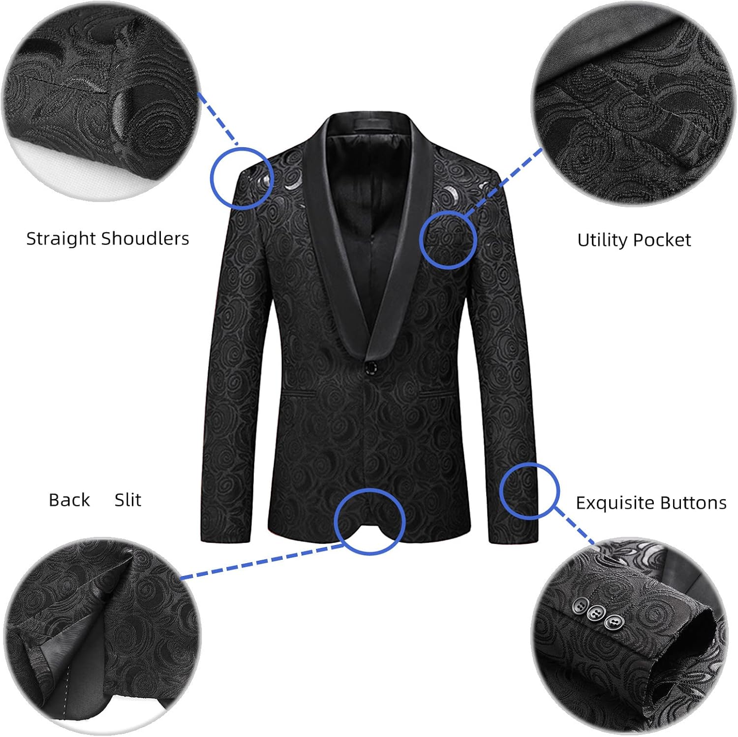 UNINUKOO Mens Suits 3 Piece 1 Button Prom Floral Wedding Shawl Lapel Casual Tuxedo Suit Set - Image 3