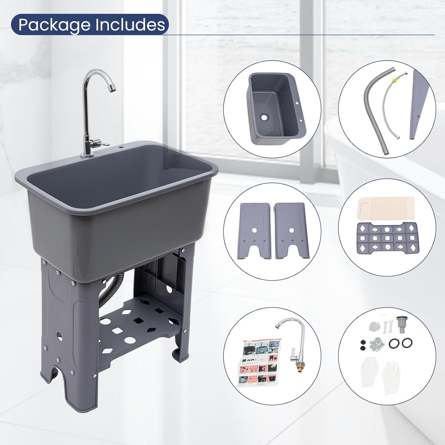 Freestanding Utility Sink with Faucet, 48L Large Laundry Sink for Basement & Garage, 23.62 * 15.75 * 30.12in Heavy-Duty 110LB Capacity, Easy Install Deep Single Basin with Washboard