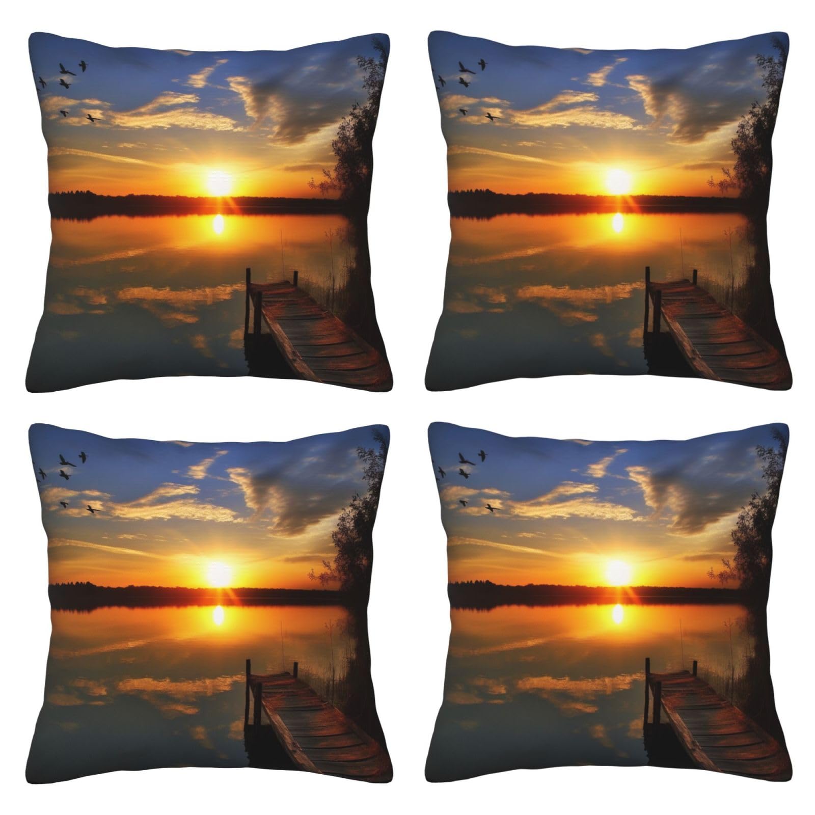 Lake under Sunset Throw Pillow Cases 4 Pack Square Pillowcases Super Soft Pillow Protectors With Zipper for Couch Livingroom Sofa Bed Office Car,40x40 CM