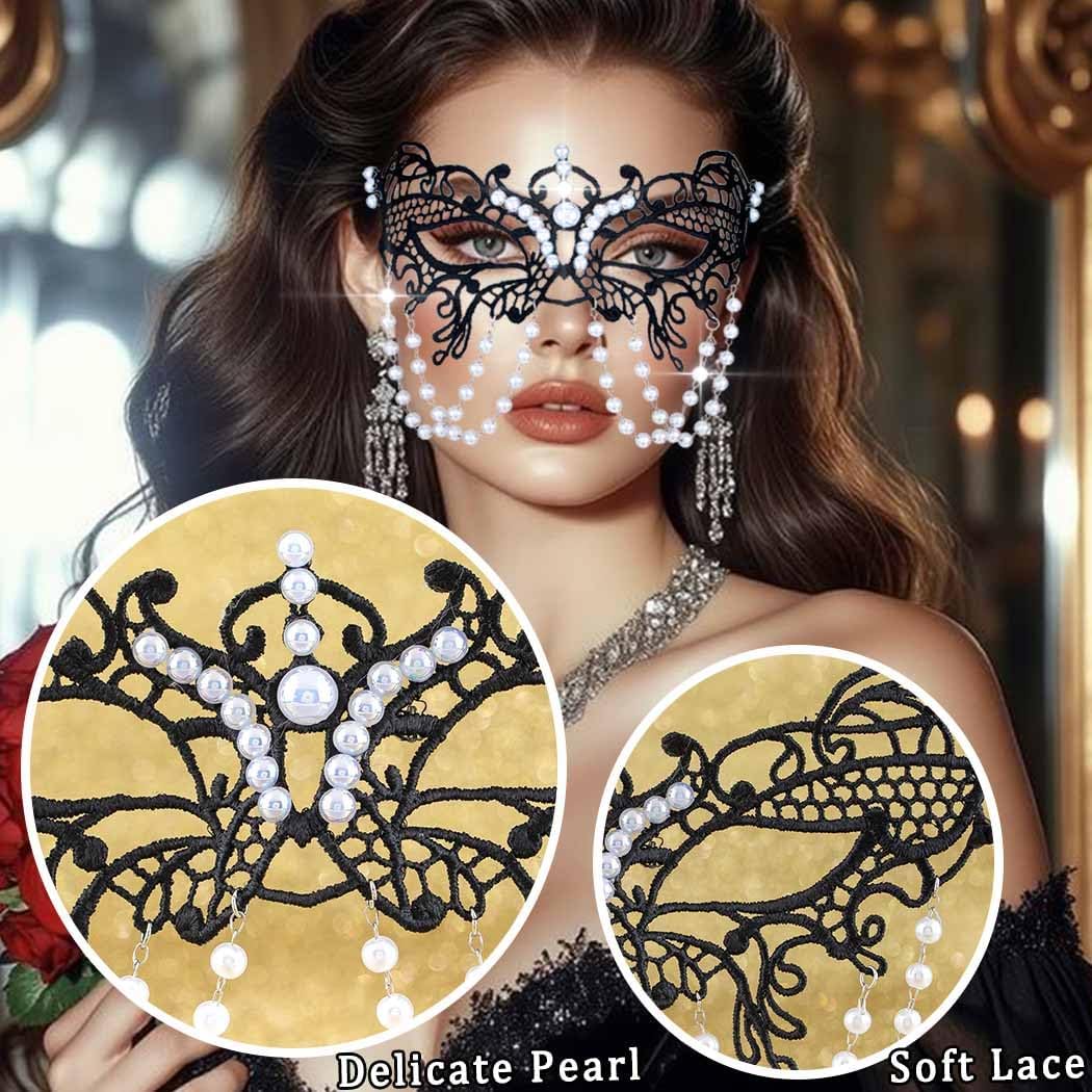 Pearl Masquerade Mask for Women Black Lace Masks Prom Costume Party Eye Mask Luxury Venetian Ball Mask