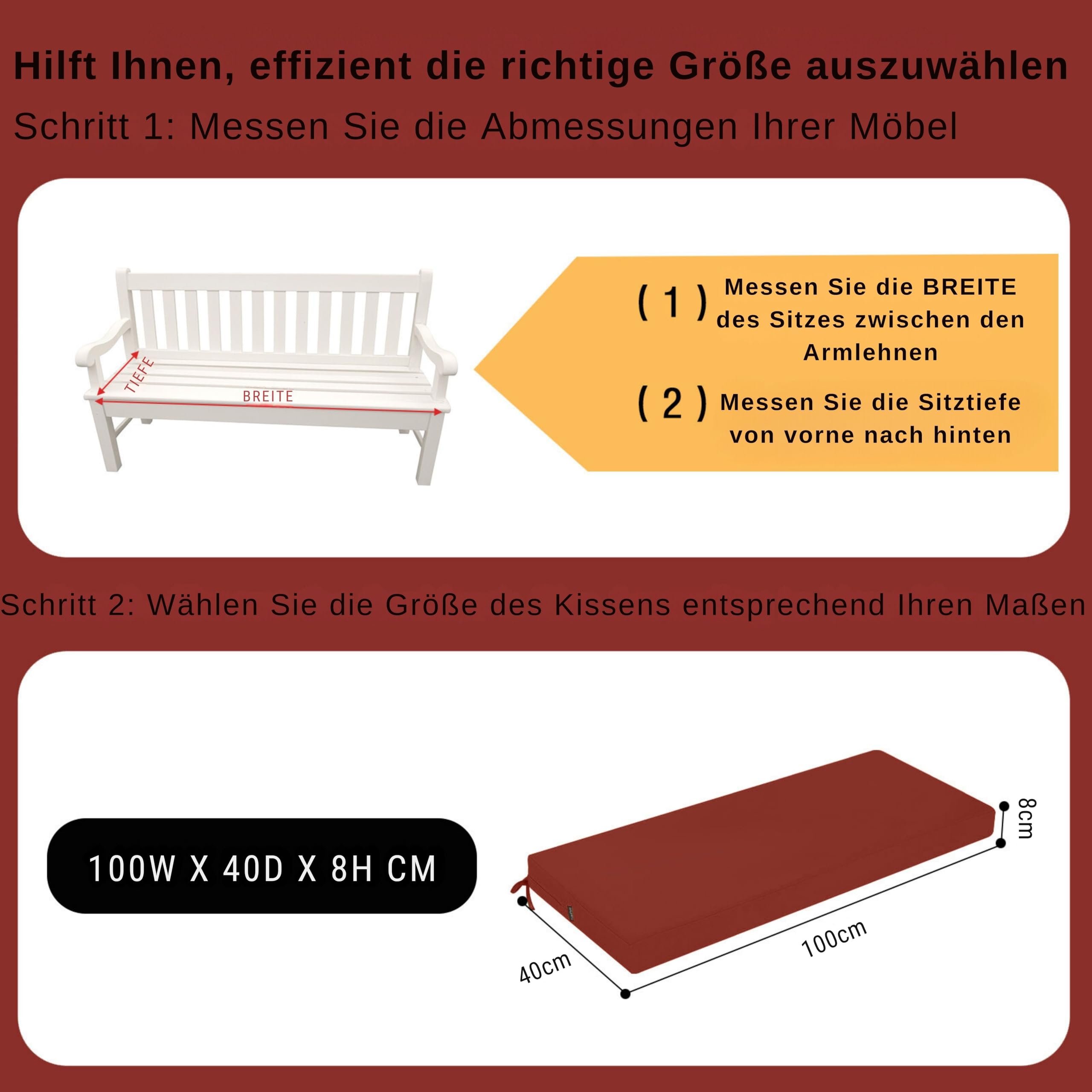 Cuscino per panca per esterni, comodo cuscino per panca, impermeabile, con nastri, imbottitura ispessita, per mobili da giardino, 100 x 40 cm, rosso