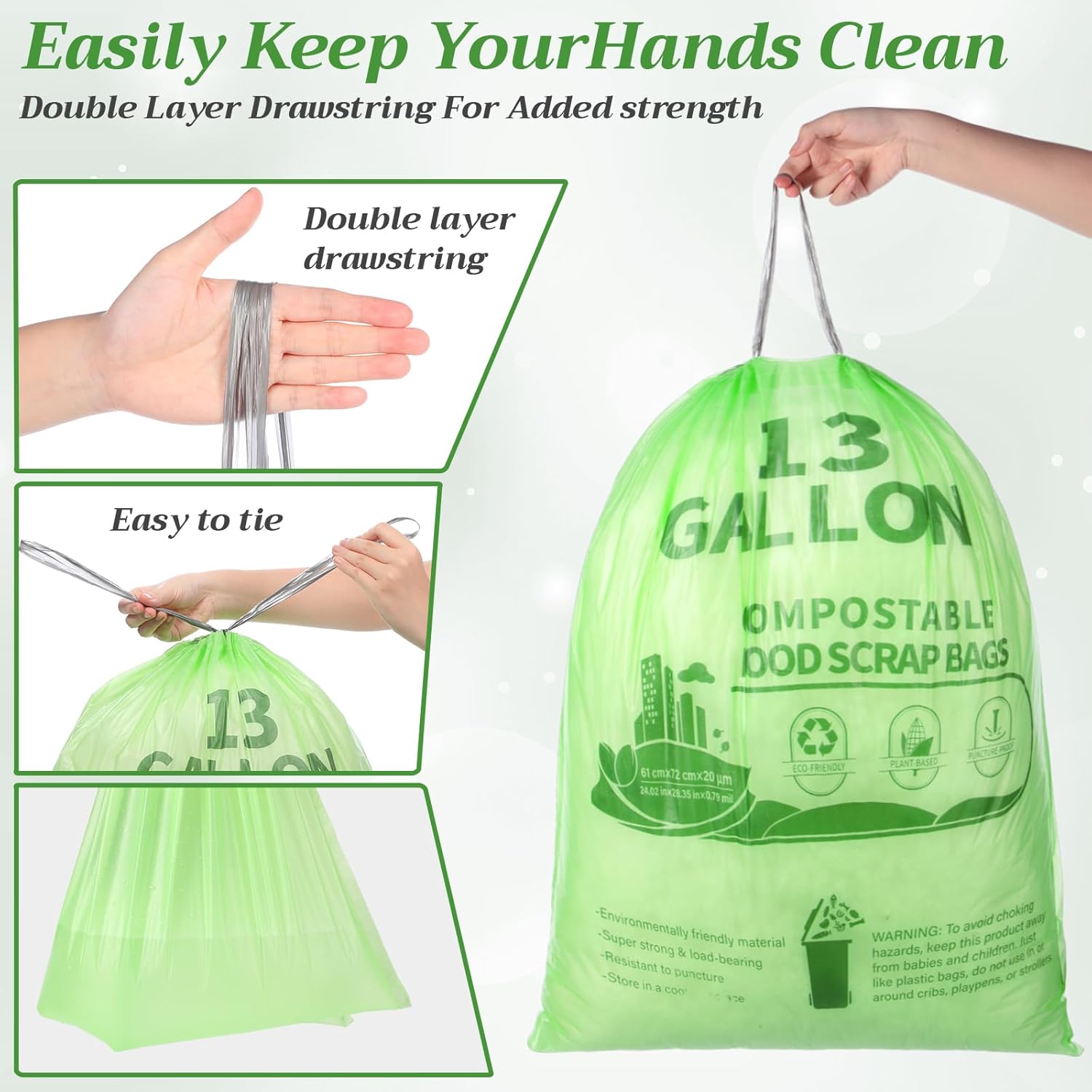 Amyhill 100 Count 13 Gallon Compostable Trash Bags Drawstring Heavy Duty Extra Thick 1.58 Mil 49.2 Liter Garbage Bags 13 Gallon Tall Kitchen Food Scrap Waste for Home Bathroom Garbage, Green