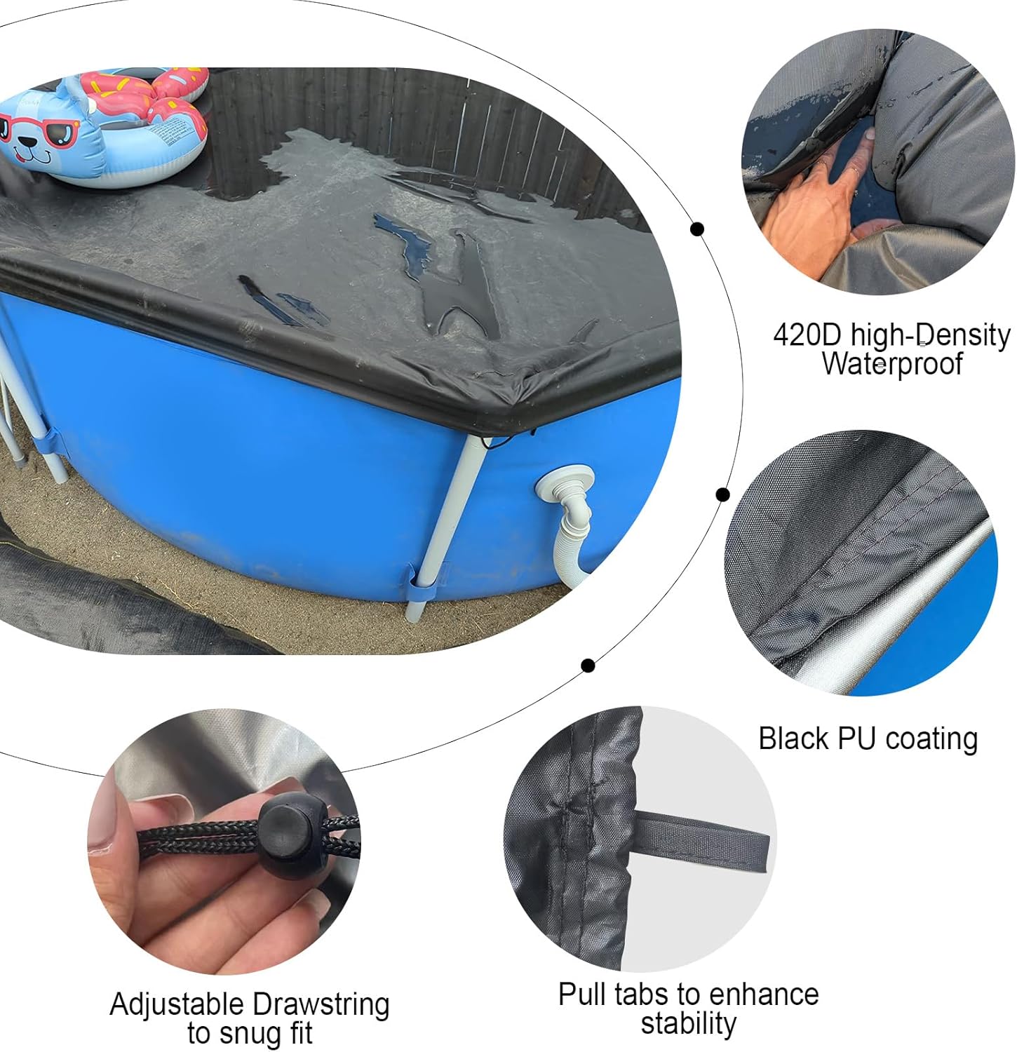 LunaSync 15 Ft Round Pool Cover with Storage Bag, Swimming Pool Cover for Above Ground Pools, Solar Cover Including Rope Tie and Ground Nails, PU Tarp Snug Fit for UV Protected, Black