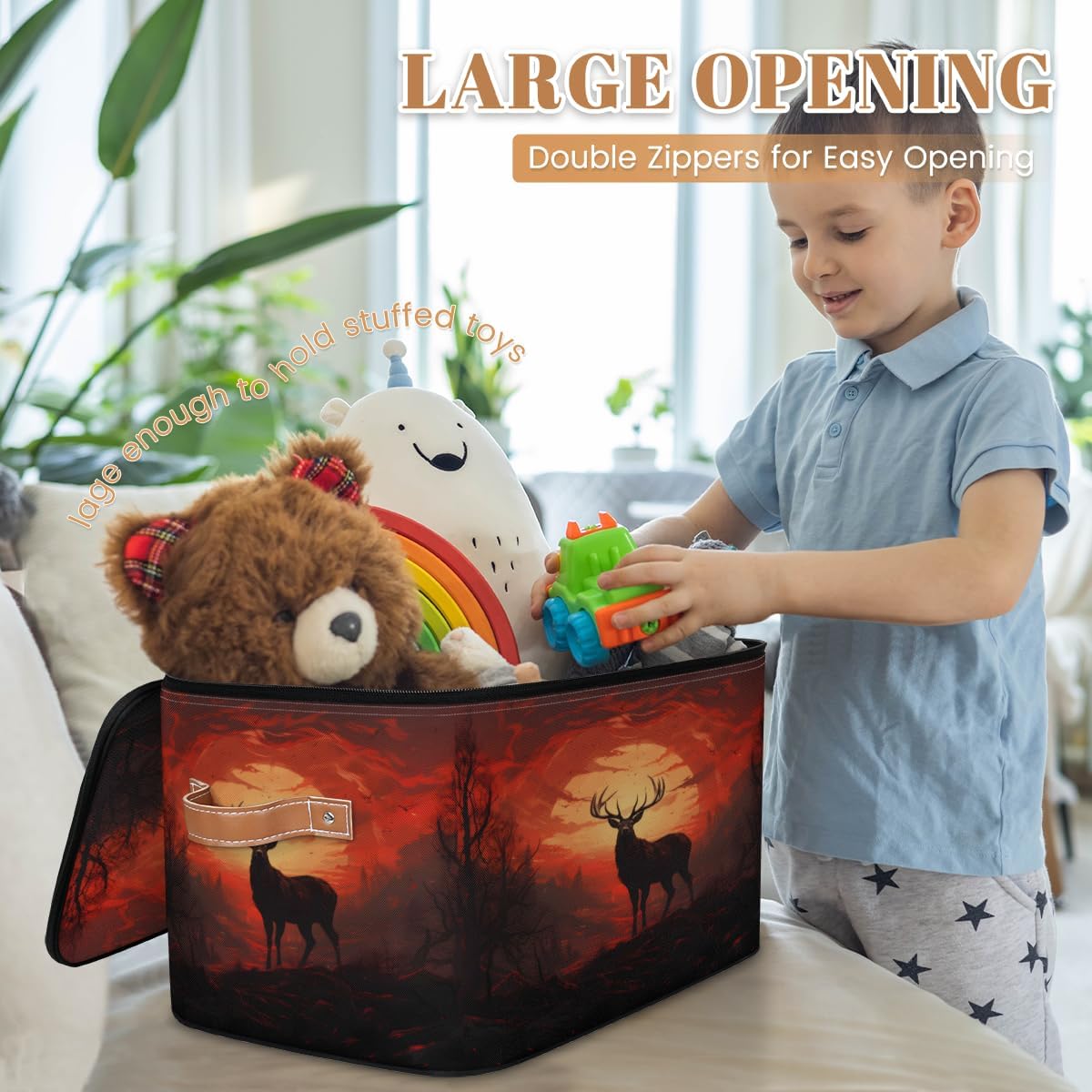 Storage Bin Set of 2 Deer Reindeer Storage Basket with Zipper Lid & Handle Foldable Closet Shelf 2 Pack Cloth Organizer Basket Cube Bins Clothes Organizer for Bedroom, Nursery