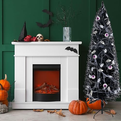Miniatura 6 de XmasExp Árbol de Navidad negro de Halloween, árbol de Navidad artificial de 5 pies con luces LED moradas, 8 modos de iluminación, tela de araña,