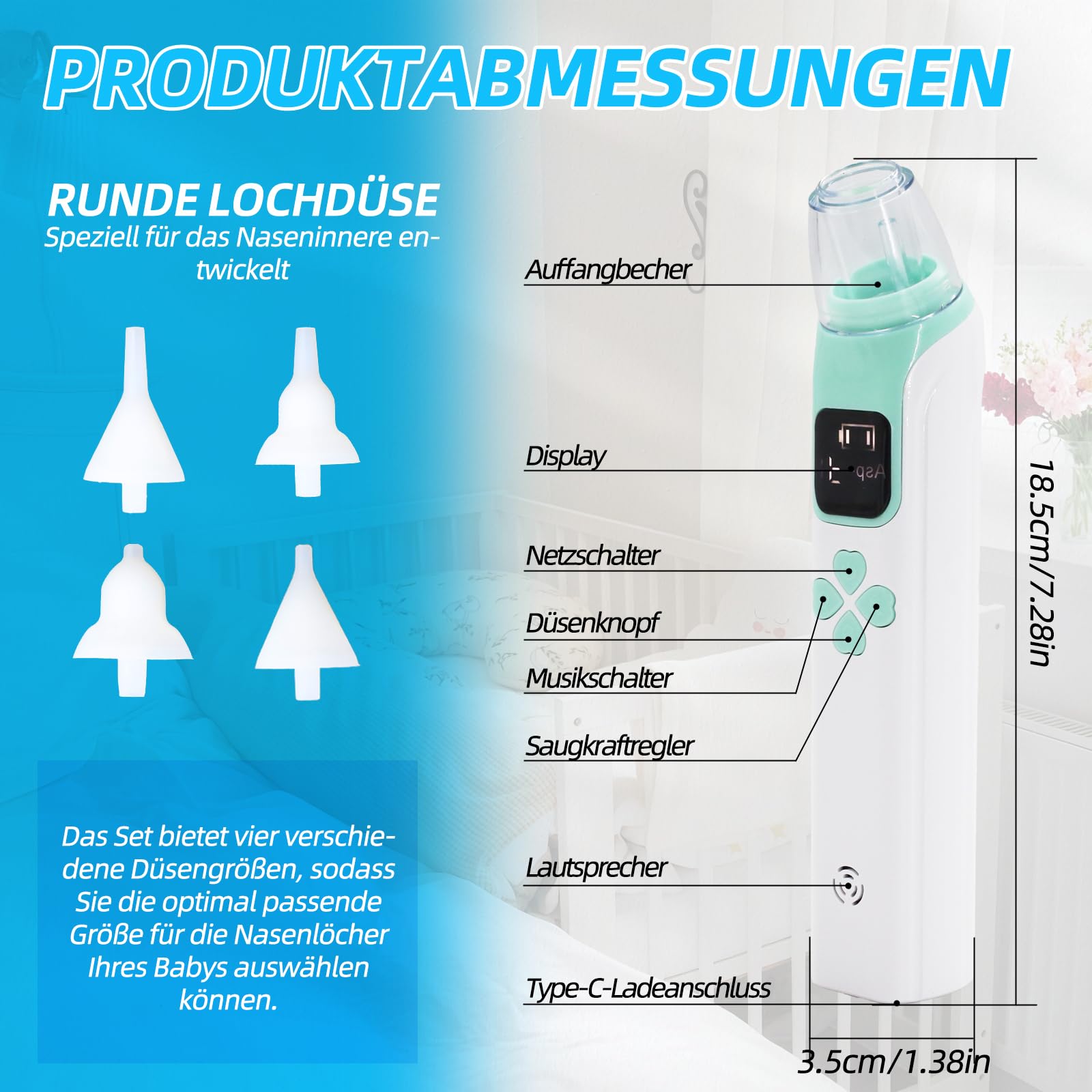 Baby-Nasensauger, 3-stufig einstellbare Saugleistung, 4 Silikonköpfe, Musik- und Lichtfunktion, geeignet für Neugeborene, Säuglinge und Kleinkinder