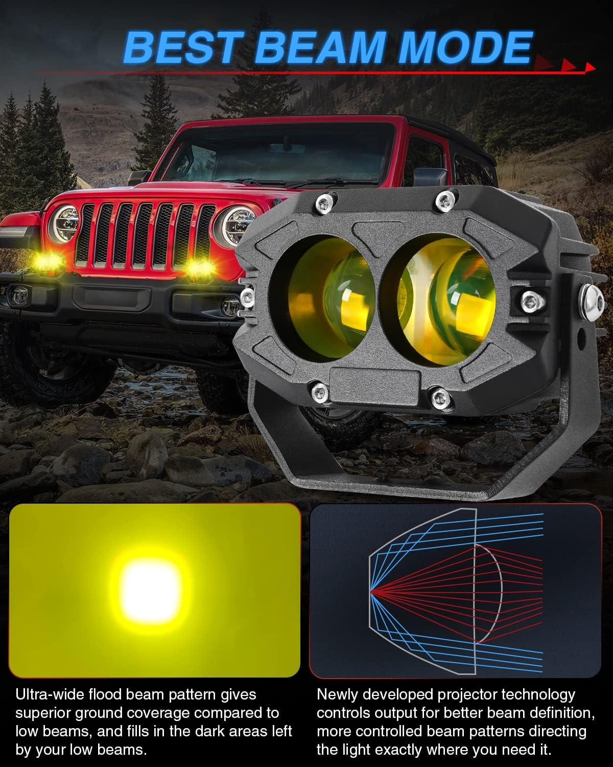 BraveWAY 4 Inch 80W Amber Fog Lights, Yellow LED Pods 9600LM Super Bright with Harness Yellow Spot Beam Waterproof Off Road Ditch Lights for Truck Pickup Ram Motorcycle SUV ATV UTV Pack of 2