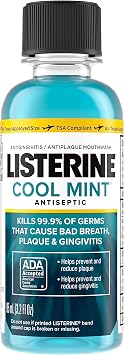 Listerine Cool Mint Antiseptic Mouthwash for Bad Breath, Plaque and Gingivitis, Travel Size, 3.2 Fl Oz, Pack of 1
