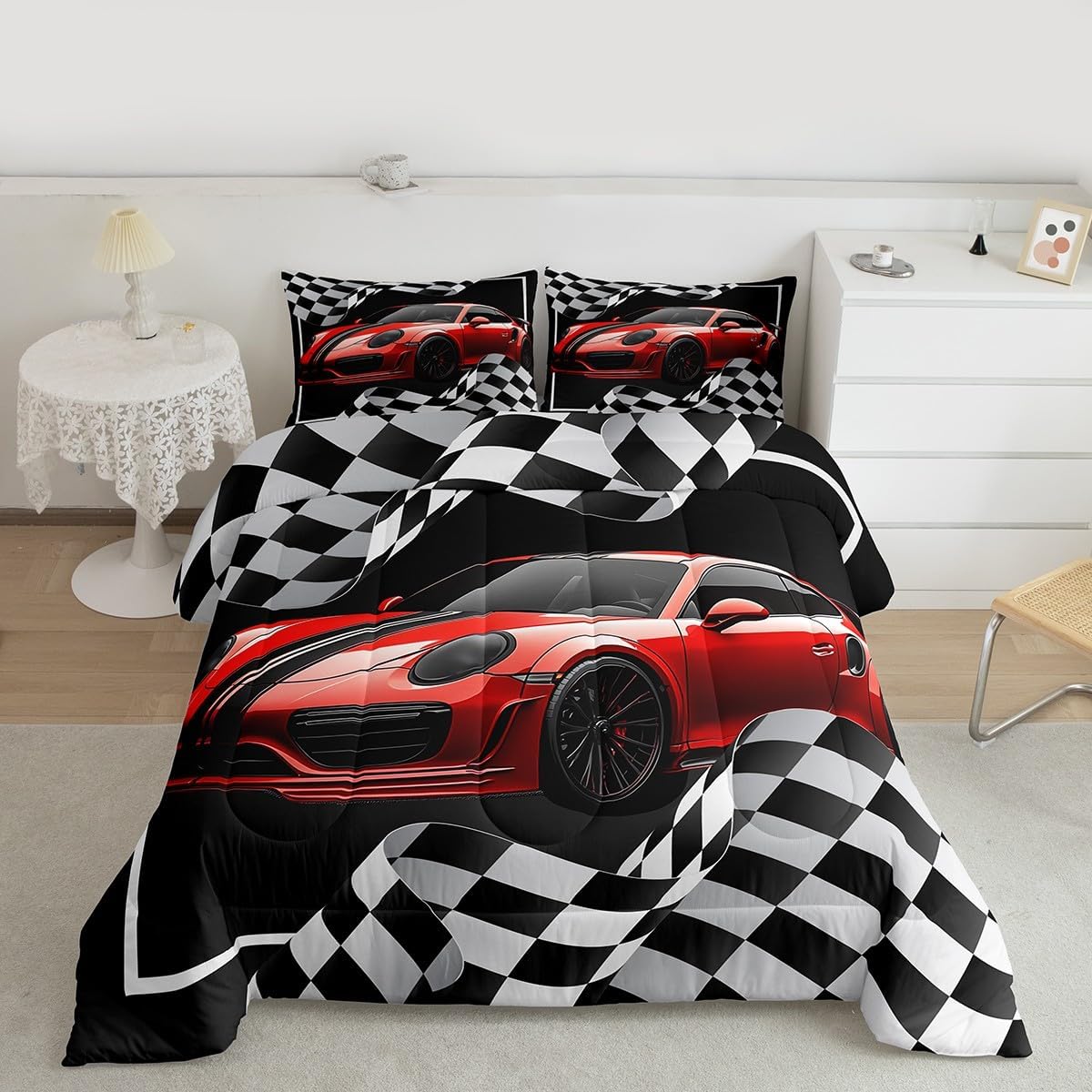 Red Race Car Comforter Set Queen Size, Black White Plaids Geometric Bedding Set 3pcs for Kids Teens Boys Men Room Decor,Extreme Sports Games Racing Flags Quilt Set,2 Pillowcases