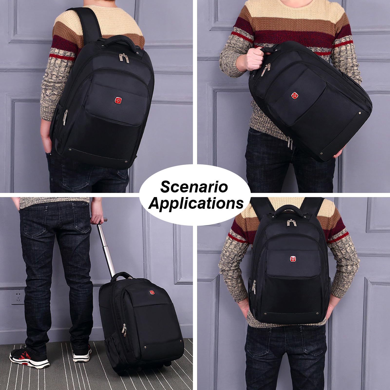 Mochila con Ruedas 15,6 Pulgadas Trolley con Ruedas Grande 55L Maleta de Mano Portátil Impermeable Bolsa de Viaje con Ruedas Mango Telescópico Reforzado Compartimento para Laptop Mujeres Hombre Negro