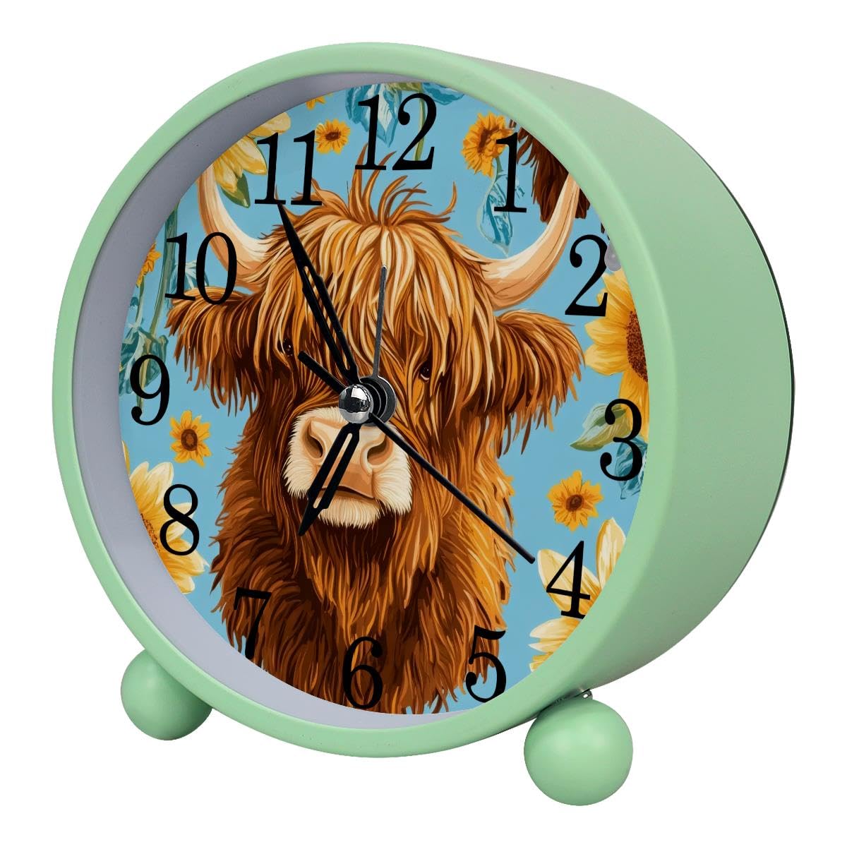Alarm Clock Highland Cow Sunflowers, Silent Non-Ticking with Night Light