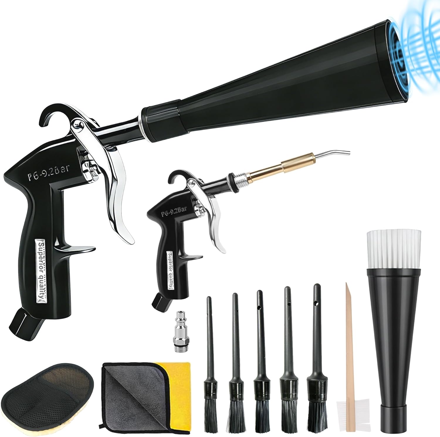 High Pressure Swirling Air Blow Gun Kit, Powerful Pneumatic Cleaning Tool with 2 Nozzles & Accessories for Car Interior, Vents, Engine Bay, 1/4" NPT Compatible (Premium 10-Piece)