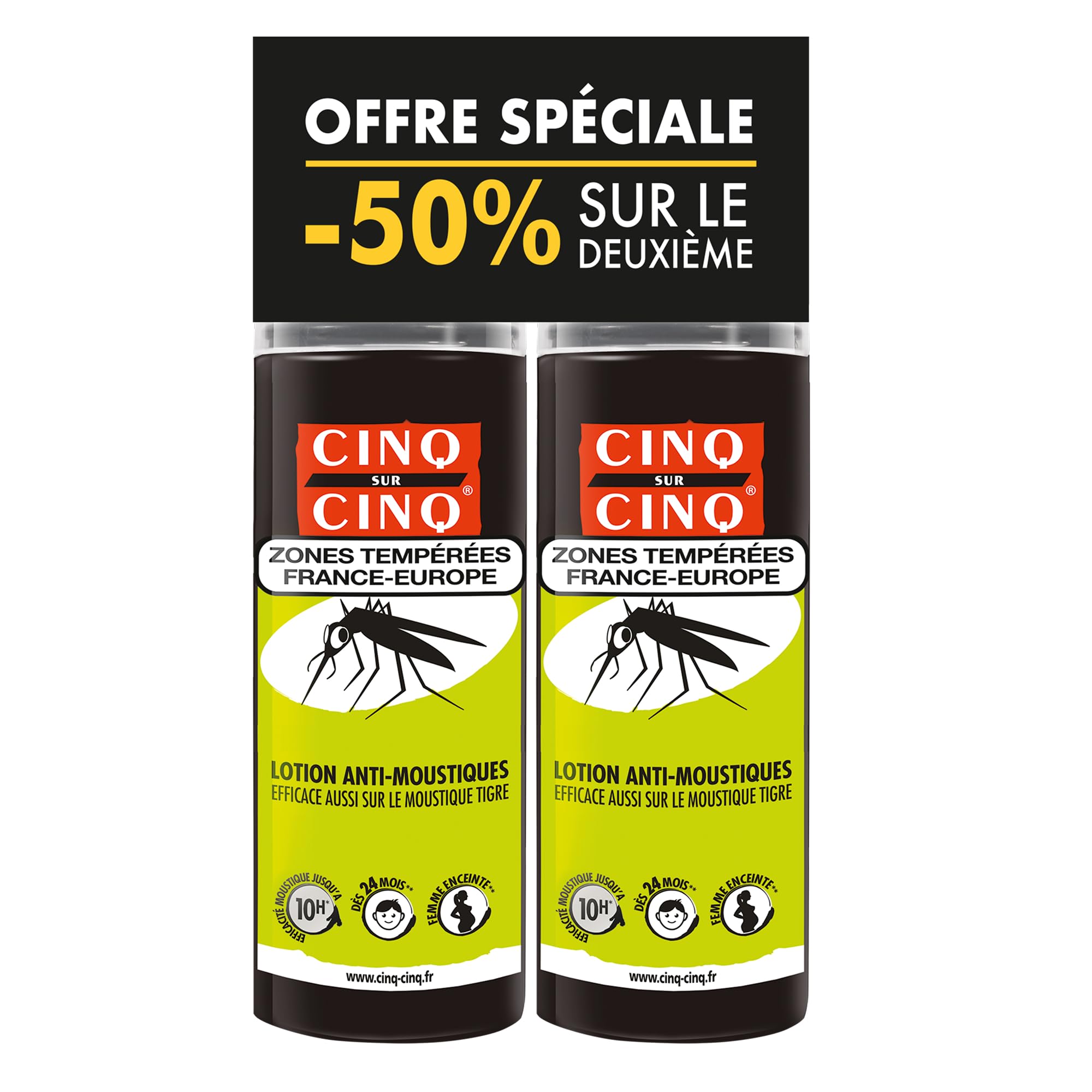 CINQ SUR CINQ Spray Anti-Moustiques Zones Tempérées – Protection jusqu’à 14h contre moustiques & moustiques tigres – Dès 24 mois & femmes enceintes – Lot de 2 x 100ml