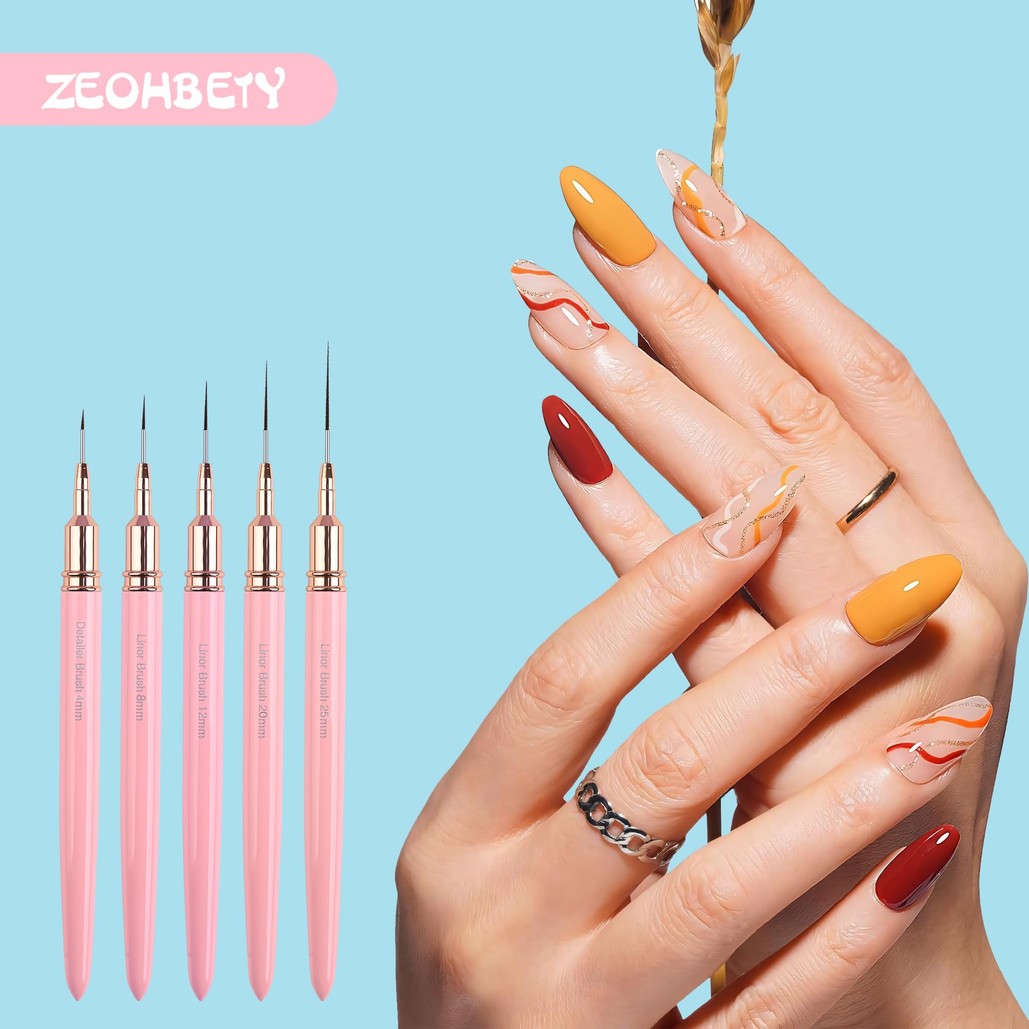 Pennelli per nail art, 5 pennelli per nail art, set di pennelli per disegnare e punteggiare le unghie, per linee lunghe, dettagli sottili, dimensioni 4/8/12/20/27 mm，rosa