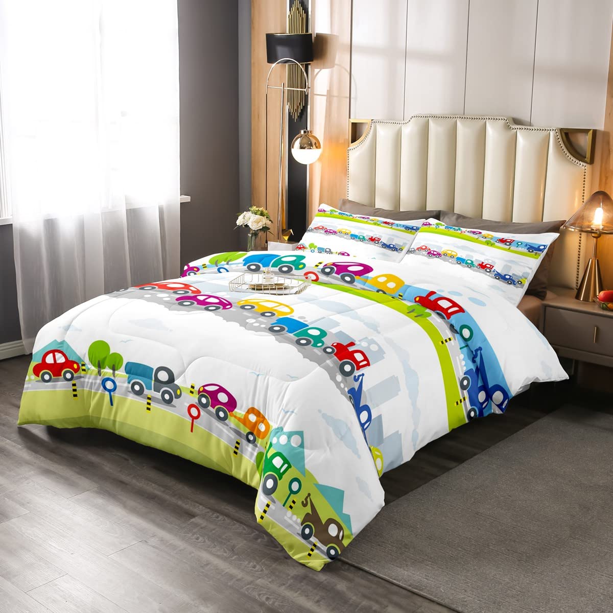 Loussiesd Cartoon Car Cars Duvet Set Vehicles Truck Bedding Set For Kids Adults Cartoon Mini Cars Duvet Insert Ultra Soft King Size
