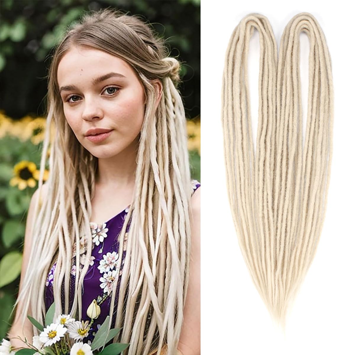 Kraler 18" Double Ended Dreadlock Extensions, 20 Strands Handmade 613 Blonde Synthetic DE Dreads Extensions, Thin 0.6cm Width Reggae Hippie Soft