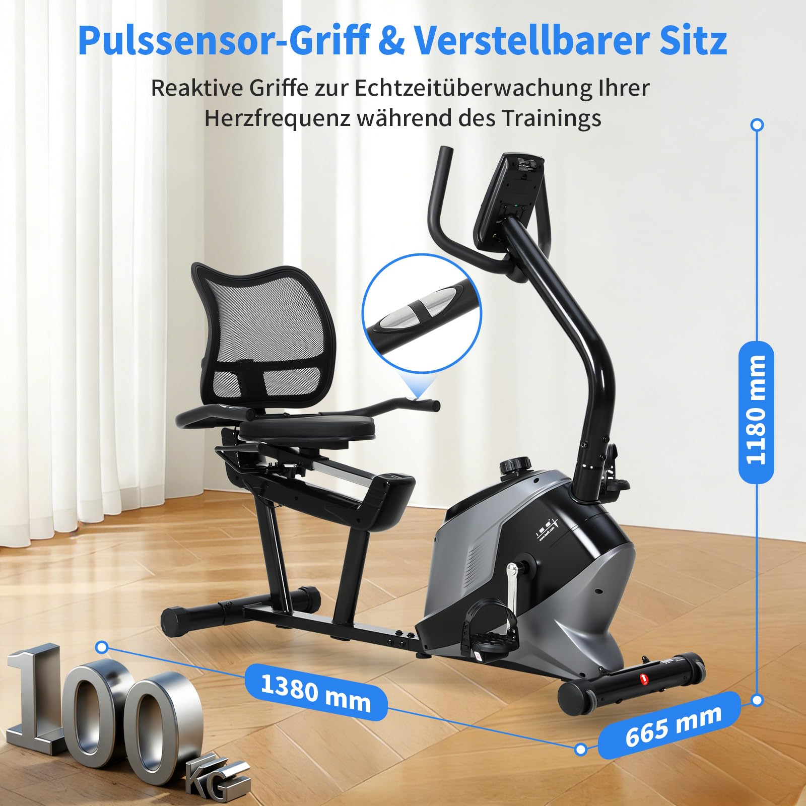 ISE Liegeergometer mit Magnetbremse, Liege Ergometer mit 8 Stufen Magnetischer Widerstand, Pulssensoren/LCD-Display, Liegeergometer Senioren Liegerad Heimtrainer mit Rückenlehne für Zuhause SY-6825