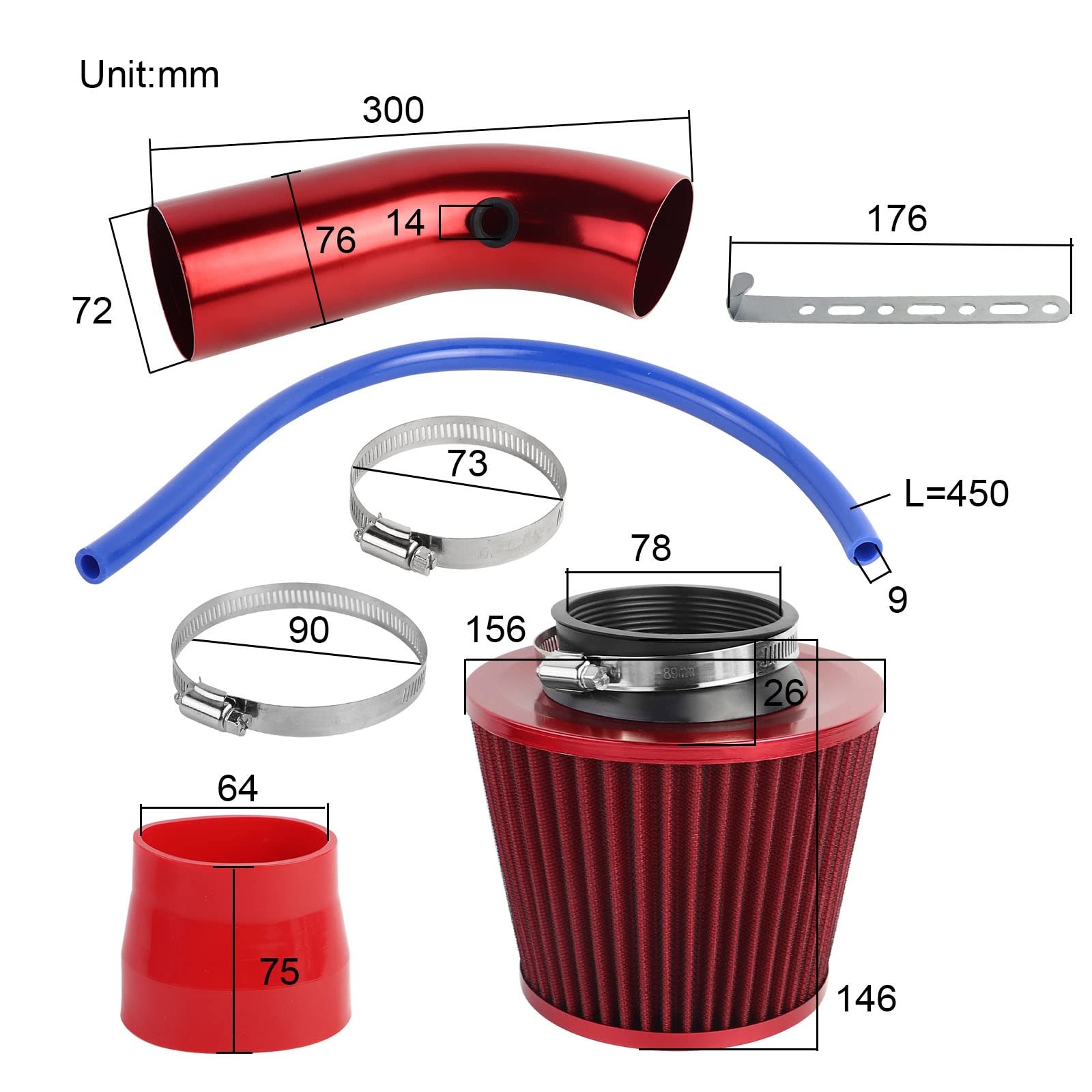 Admisión Tubo Kit Filtro Entrada De Aire Frío Para Coche 3 Pulgadas Tubo Manguera Flujo De Inducción De Aluminio Automotriz Universal Y Abrazadera