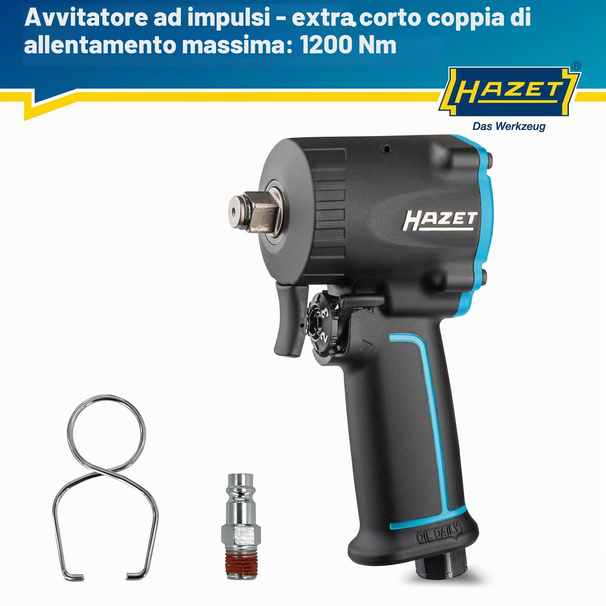 Avvitatore pneumatico HAZET 9012M-1, extra corto solo 80 mm, coppia di sgancio max. coppia di rilascio: 1200 Nm, quadro 12,5 mm (1/2 pollice), pressione di esercizio: 6,3 bar