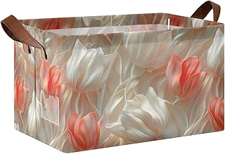 KLL Floral Design Marshmallow Cream Rectangle Storage Baskets Bins for Cube Storage with Handles Large Closet Organizers for Shelves Closet Toys Books 2 Pack