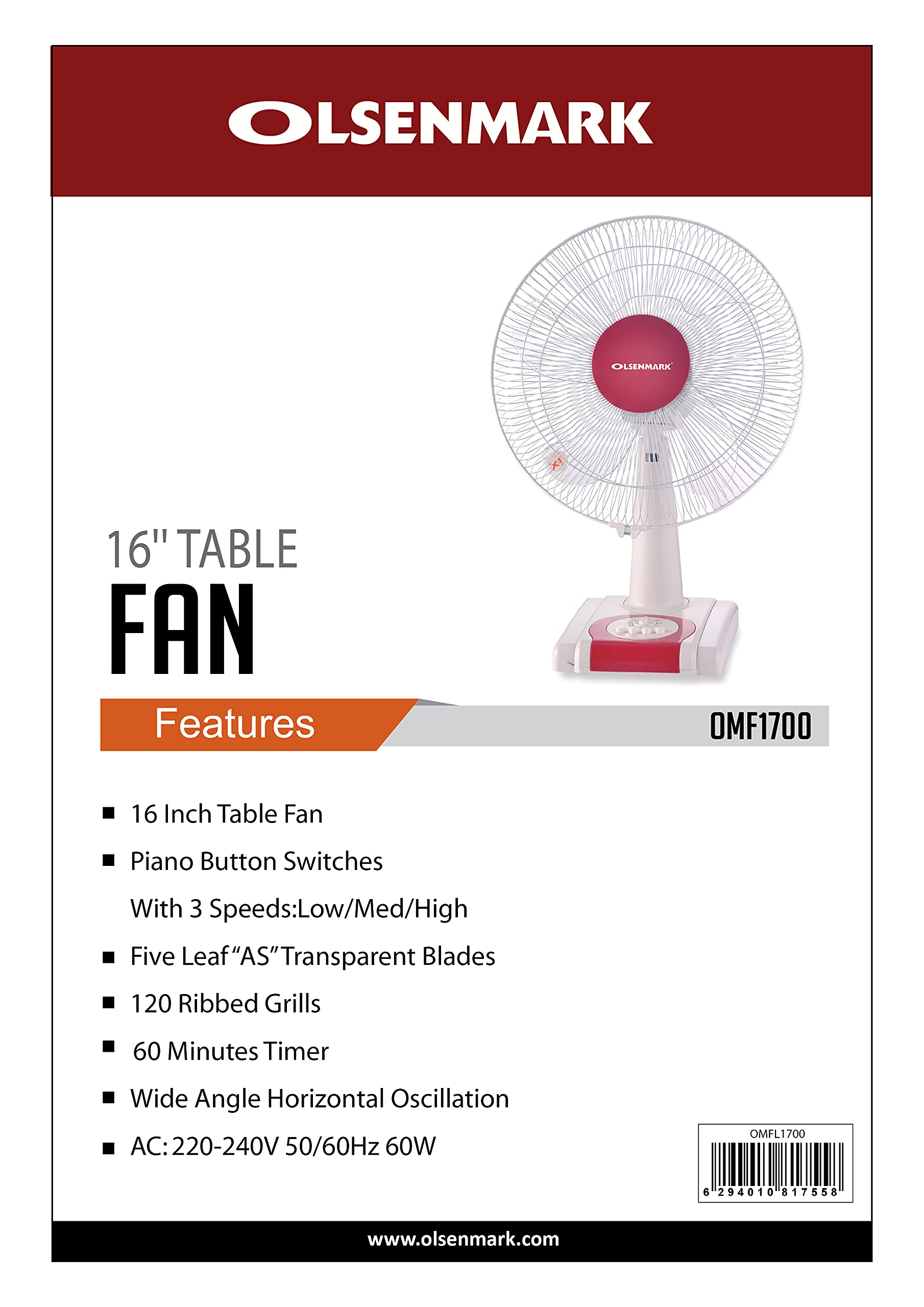 Olsenmark Table Fan, 16 Inch Piano Switches 3 Speed Setting 120
