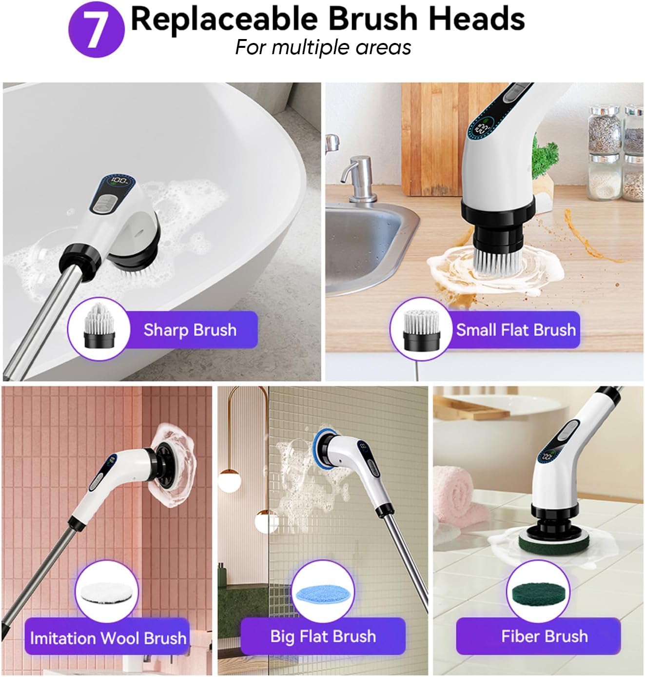 Electric Spin Scrubber Cordless – Powerful Bathroom Cleaning Brush with Long Handle, 2 Speeds, 3000mAh Rechargeable, 7 Brush Heads, Wall Hanger & Crevice Tools – Shower, Tub & Tile Cleaner