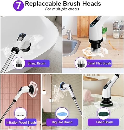 Miniatura 5 de Potente limpiador eléctrico giratorio inalámbrico, 3000 mAh, limpiador de baño inalámbrico con 2 velocidades + 7 cabezales de cepillo + 1 colgador