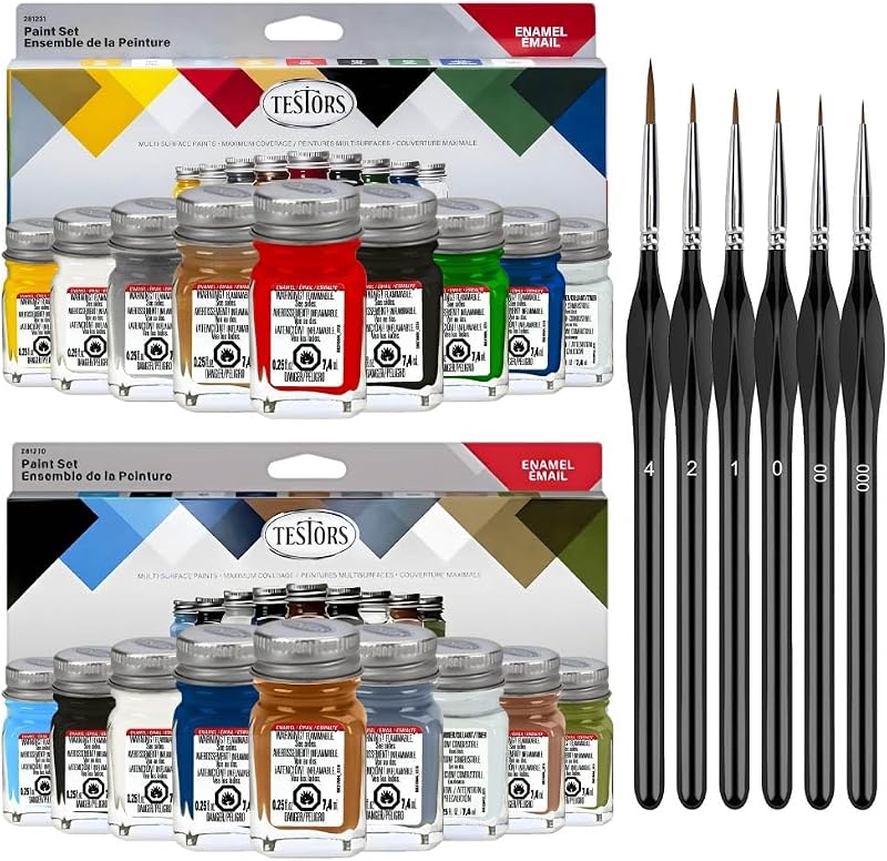 Testors Juegos de pintura para modelos esmaltados y 6 pinceles - Pinturas de camuflaje para resultados profesionales en la pintura de modelos y miniaturas de plástico - Pinceles pequeños para pintar lienzos y manualidades