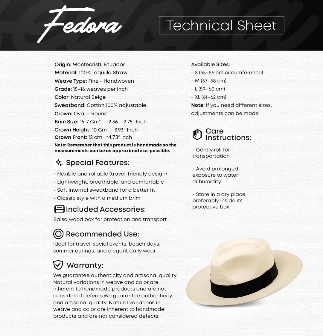 Sombrero de Panamá fino | Fedora auténtica | Estilo | Montecristi hecho a mano | Paja Toquilla | Unisex| Grde 15-16| Bolsa de cubierta