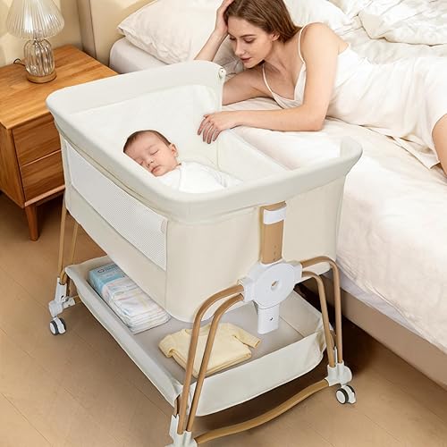 4 in 1 Baby Bassinet | Bassinet Bedside Sleeper for Baby on Wheels with Storage Basket | 7 Height Adjustable Breathable Mesh Rocking Bedside Sleeper with Musquito Net for Newborn (White)