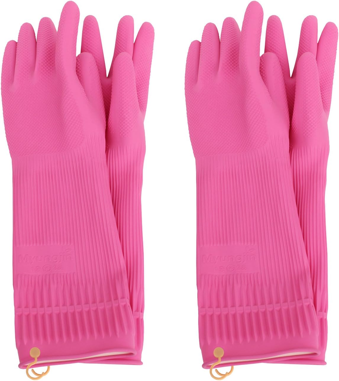 MJ 2 Pairs Household Hook Natural Rubber Latex Cleaning Wash Gloves Pink L
