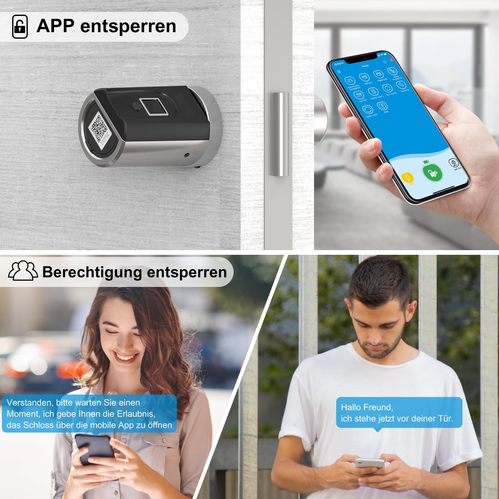 WELOCK SECBNEBL51 Fingerabdruck Schloss,Elektronisches Türschloss mit RFID Karte Bluetooth WiFi für 30-70mm Verstellbarer Zylinder,Elektronischer Schließzylnder,Türschloss Fingerprint, Silber