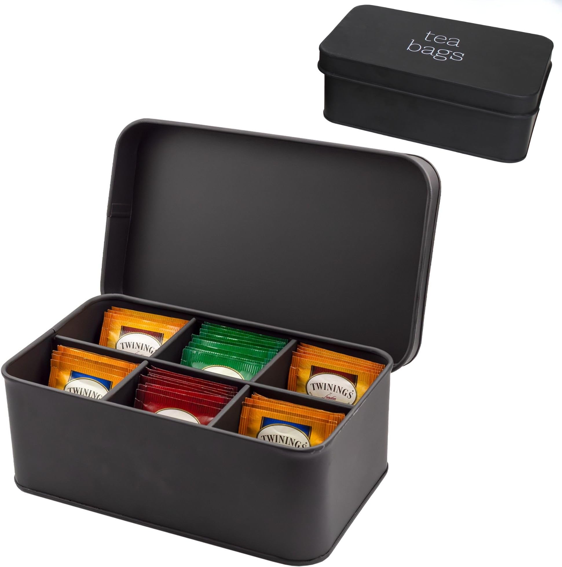Enamelware Tea Bag Box (Black), Classic Sleek Style Tea Storage Tin