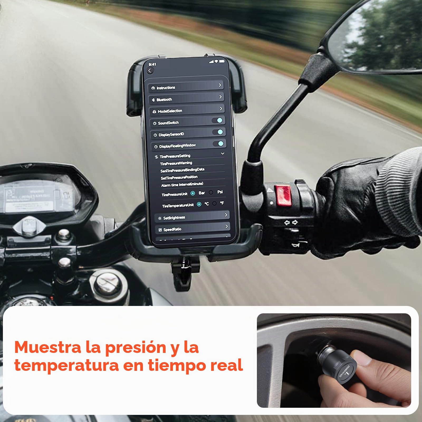 OBEST Sistema de Control de Presión de los Neumáticos con Aplicación, Bluetooth Inteligente para Motocicleta TPMS con 2 Sensores Externos, Presión de Neumáticos Inalámbrica y Detector de Temperatura